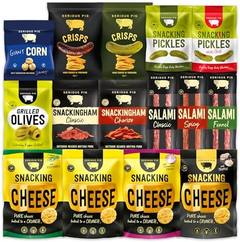 SERIOUS PIG | Gourmet Snack Hamper | with Crunchy Cheese, Cured Pork, Pickles, Crisps, and Corn Scratchings. Delicious Savoury Pub Snacks (22 Packets)