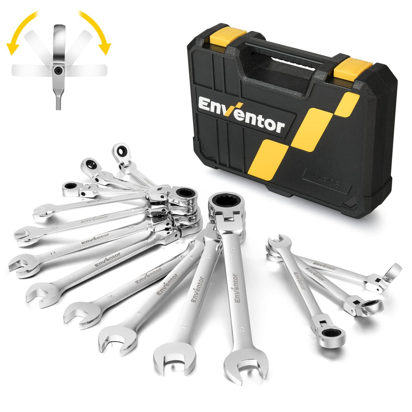 Enventor 14PCS Flex-Head Ratchet Spanner Set - Metric, 6mm to 19mm Ratcheting Combination Wrench Set with Carry Case, Chrome Vanadium Steel -