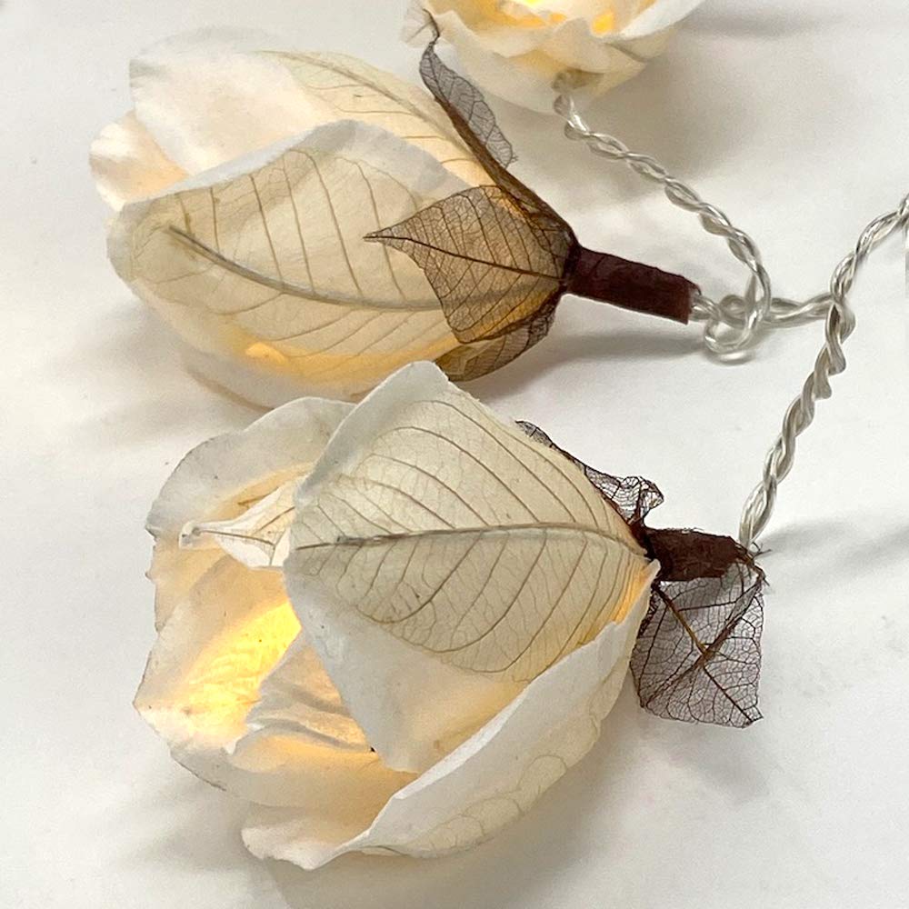 Blaze On Chelsea Rose Fairy Lights (White Coloured)  20 Warm White LED Lights  Handcrafted Roses Created from Mulberry Paper  USB Powered with UK
