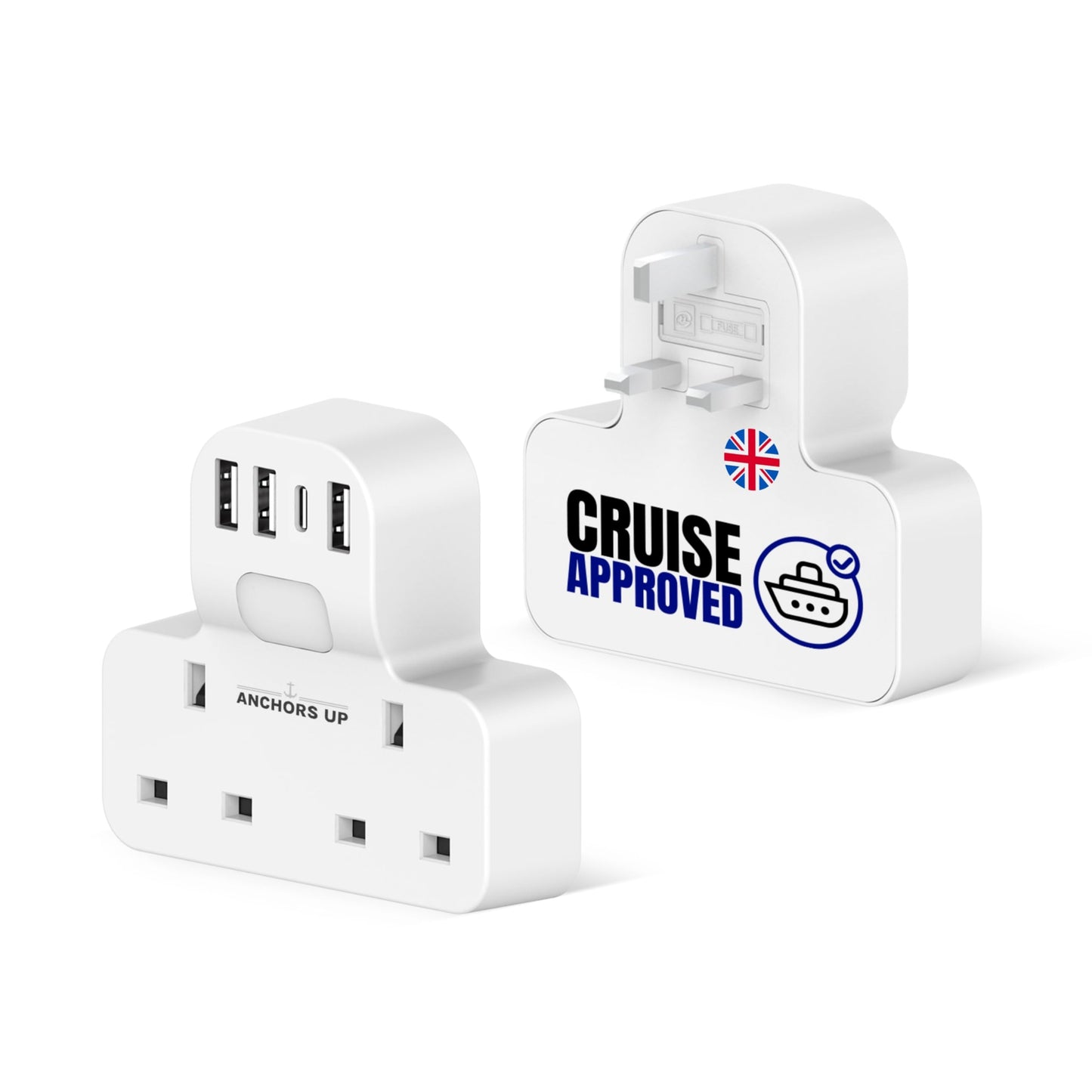 Cruise Approved UK Extension Lead Multi-Plug 7-in-1 ? Non Surge for Cruise Ships ? 4 USB Ports and Night Light ? Works on P&O, Marella, Cunard, Fred