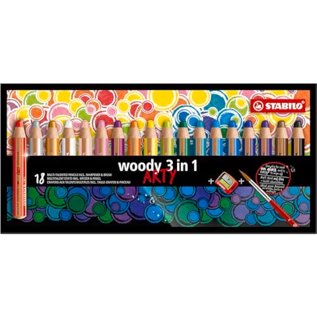 STABILO woody 3-in-1 - Multi-Talented Pencil - ARTY - Pack of 18 - Assorted Colours with Sharpener and Paint Brush