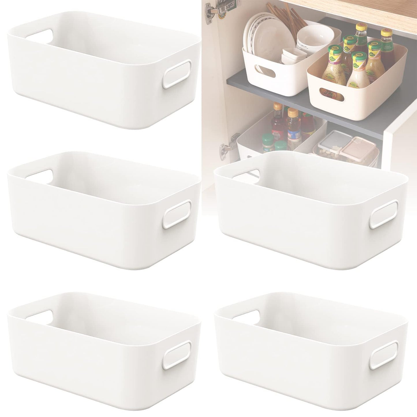 W&H 5 PCS White Plastic Storage Boxes Small with Handle