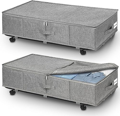 JUPELI Under Bed Storage on Wheels, Extra Large 50L Foldable Under Bed Storage Organiser, 2 Pack Underbed Storage on Wheels, Rolling Underbed Storage
