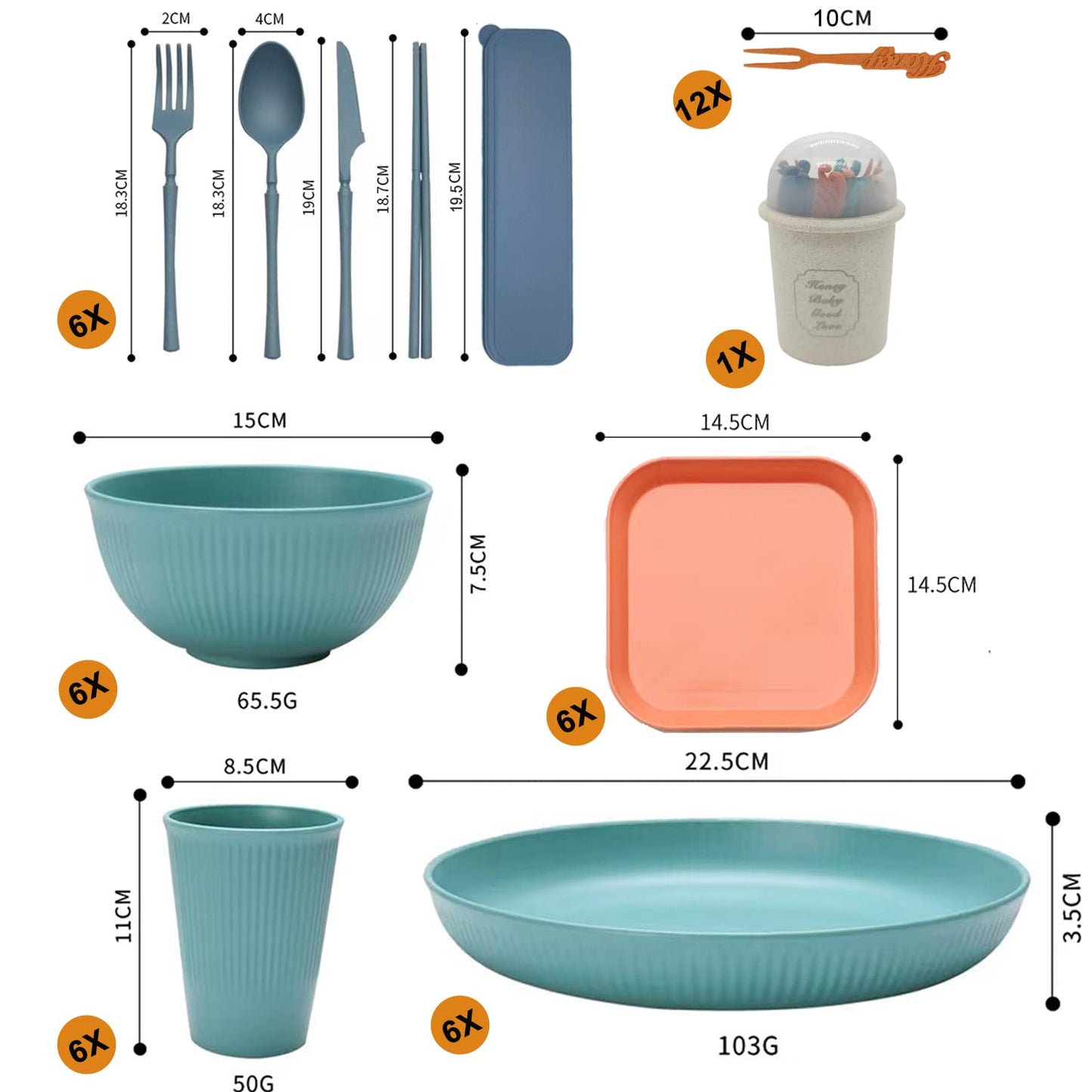 YEEBECA 67 Pieces Plastic Dinnerware Set for 6, BPA-Free Unbreakable Dinnerware Set for 6 People, The Outdoor Camping Tableware Set in 6 Colors