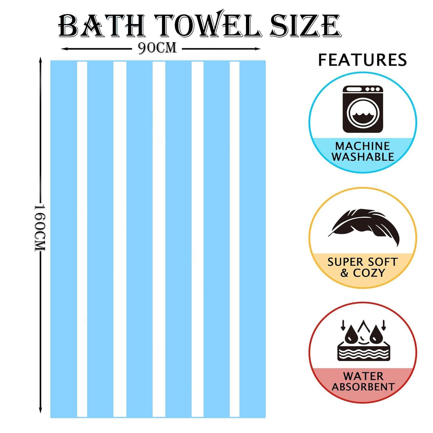 Large Thin Microfibre Beach Towel with Bag for Adult Men Women,160x90cm Light Blue Stripe Beach Towels Quick Dry Sand Free Lightweight Swim Bath