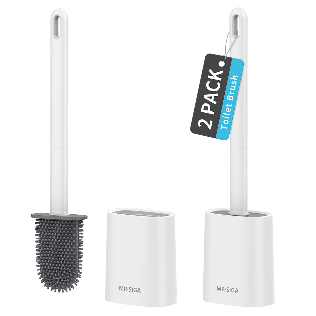 MR.SIGA Toilet Brush and Holder Set, Wall Mounted Toilet Bowl Brush, Compact Toilet Scrub Brush with Holder for Bathroom, White, 2 Pack