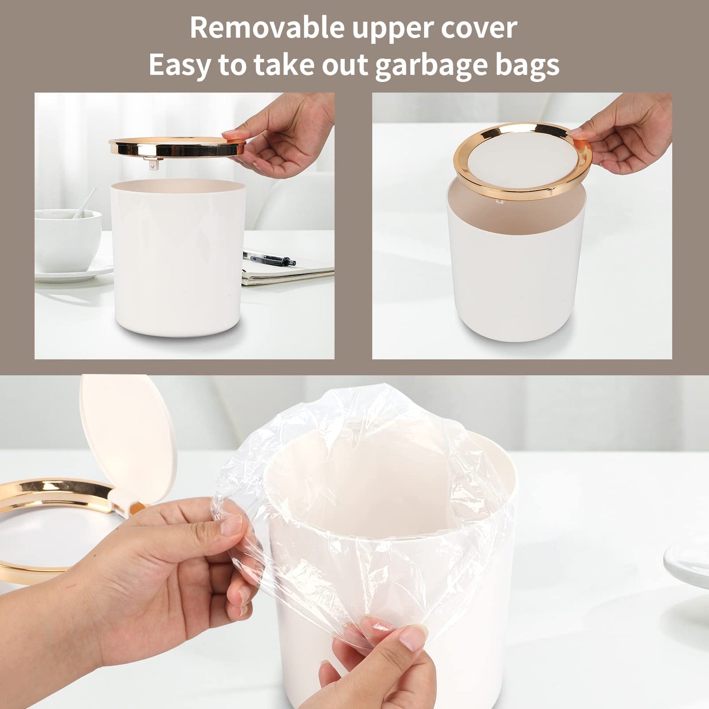 JEEZAO Mini Desktop Bin, Desk Trash Can with Lid, 2.6L Small Plastic Waste Table Bin for Bathroom, Office, Dressing Table, Kitchen (White)