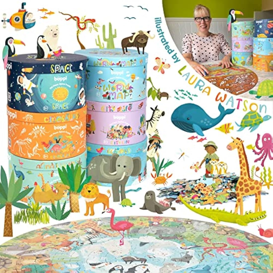 boppi Round 150 Piece Montessori Jigsaw for Kids Aged 5+ | Educational Jungle Puzzle with Continents & Animal Habitats | Eco-Friendly Recycled Cardboard - Animals of the World