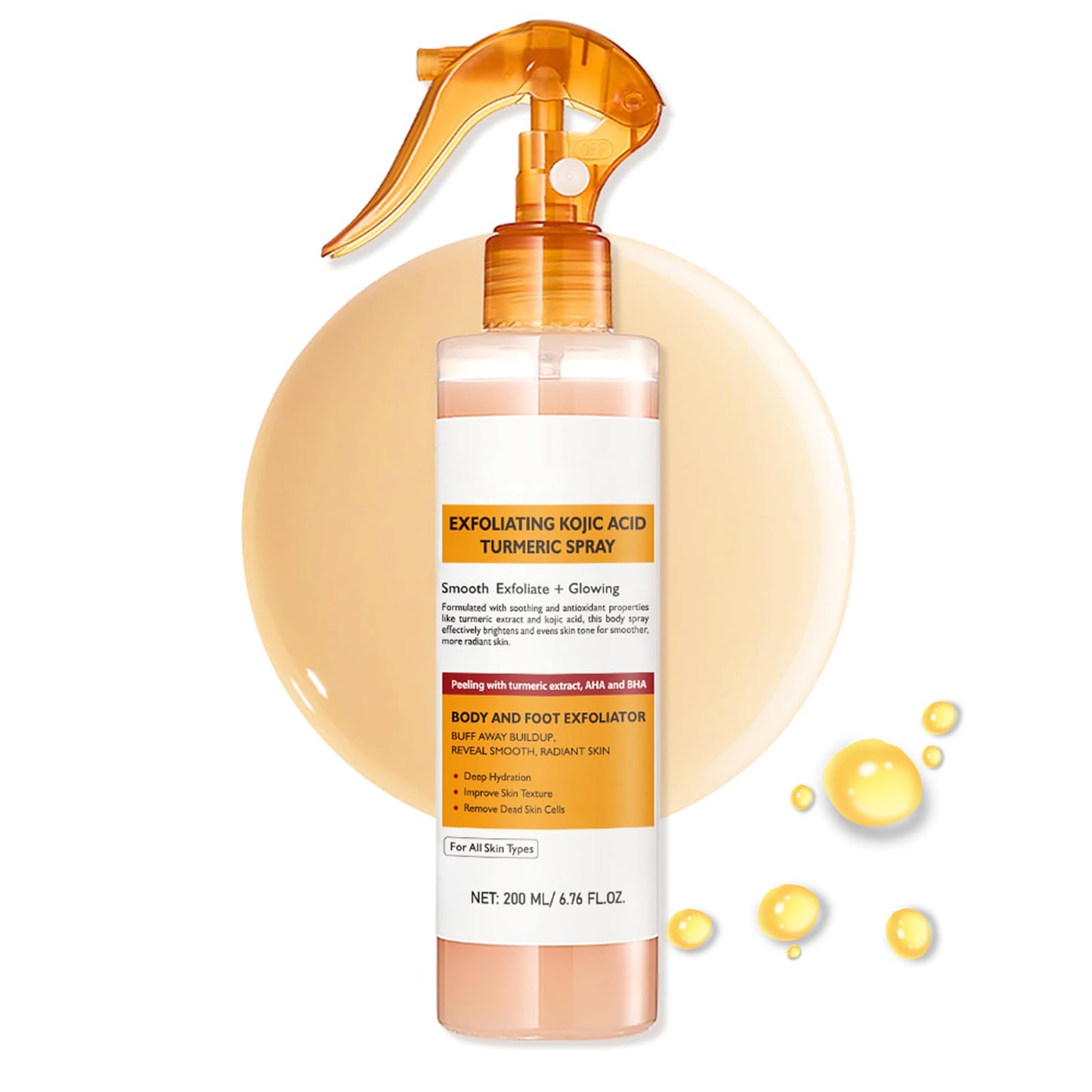 Exfoliating Kojic Acid Turmeric Spray, 200ML Body Keratin Care Kojic Acid Turmeric Spray with Kojic Acid & AHA + BHA, Brightens Skin, Cleansing for
