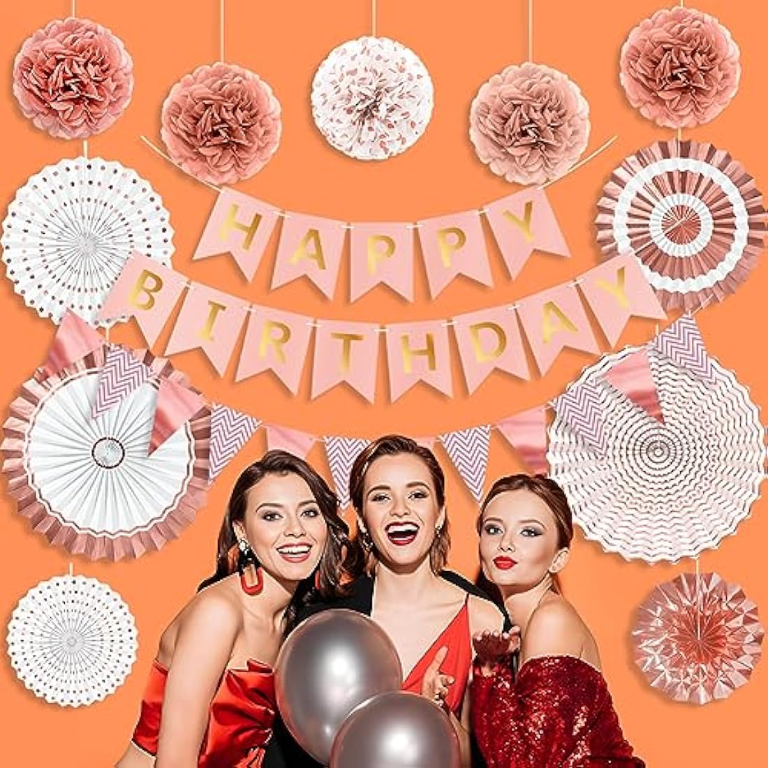 Rose Gold Reusable Birthday Decorations Kit Womens Birthday Party Decorations Rose Gold Banner Bunting Honeycomb Paper Lanterns Paper Fans