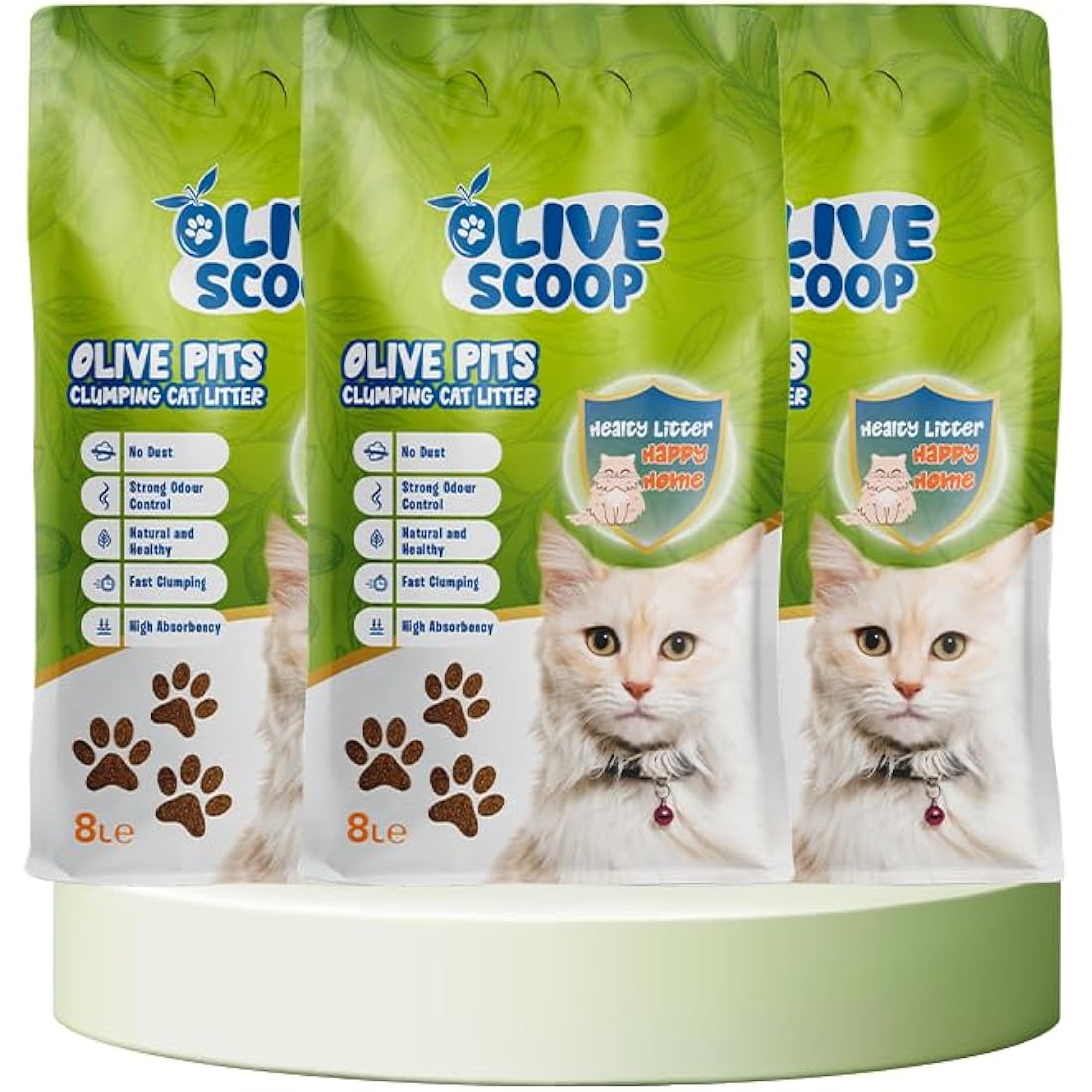 OLIVE SCOOP 100% Natural Dust-Free Clumping Cat Litter – Natural Olive Pits, Unscented, Biodegradable, Low Tracking, Odor Control, Safe for Kittens & Multi-Cat Homes - 24L (8Lx3Pack)
