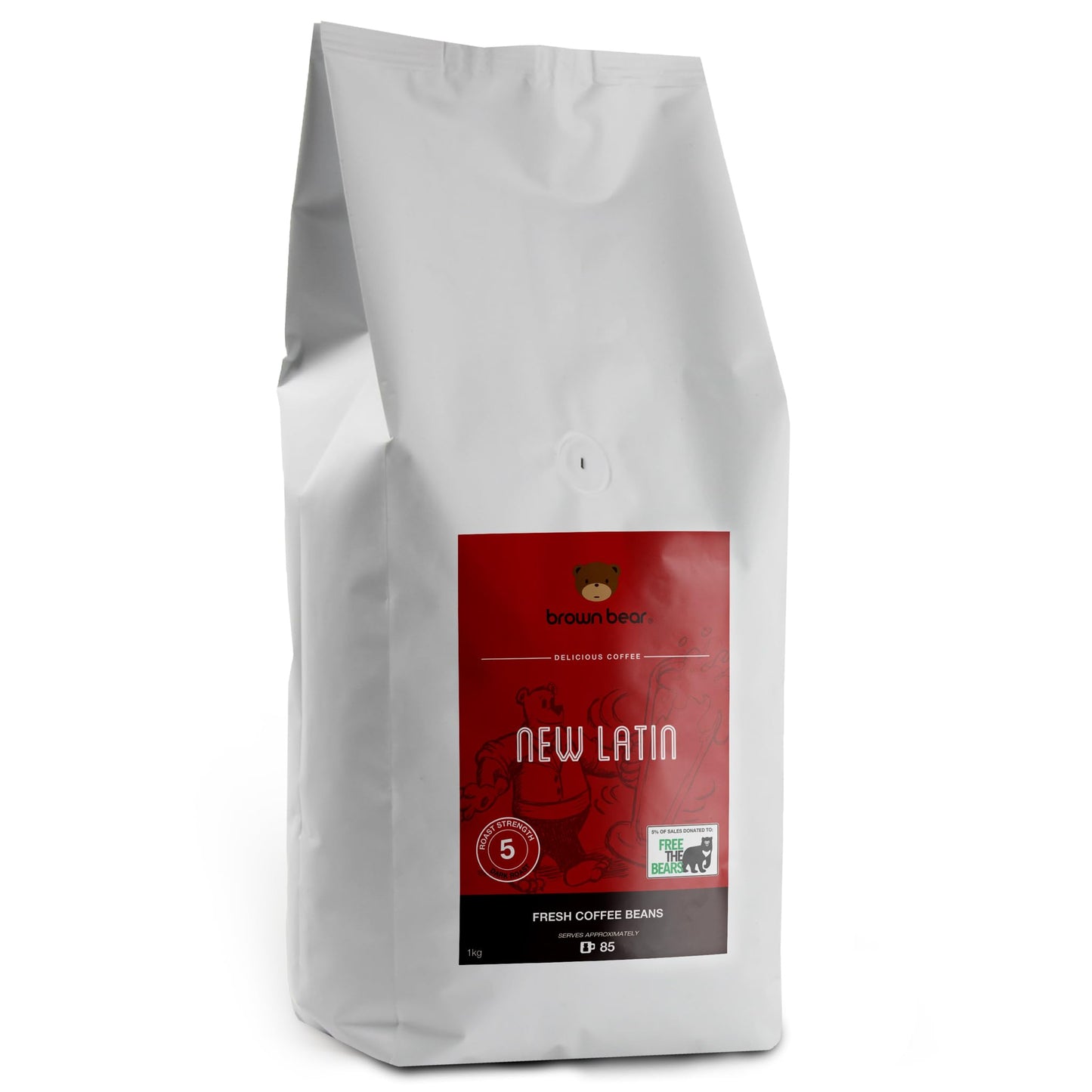 Dark Roast Crema Strong Espresso Coffee Beans 1kg - Strength 5 - Brown Bear New Latin Blend - For All Coffee Machines - Donation to Free The Bears