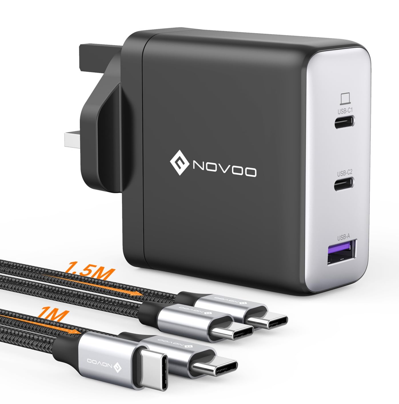 NOVOO USB C Charger, MacBook Pro/Air Charger, 3-Port 120W GaN Fast Charger, PD3.0, PPS, USB Plug UK, USB-C Laptop Charger for MacBook Pro, MacBook