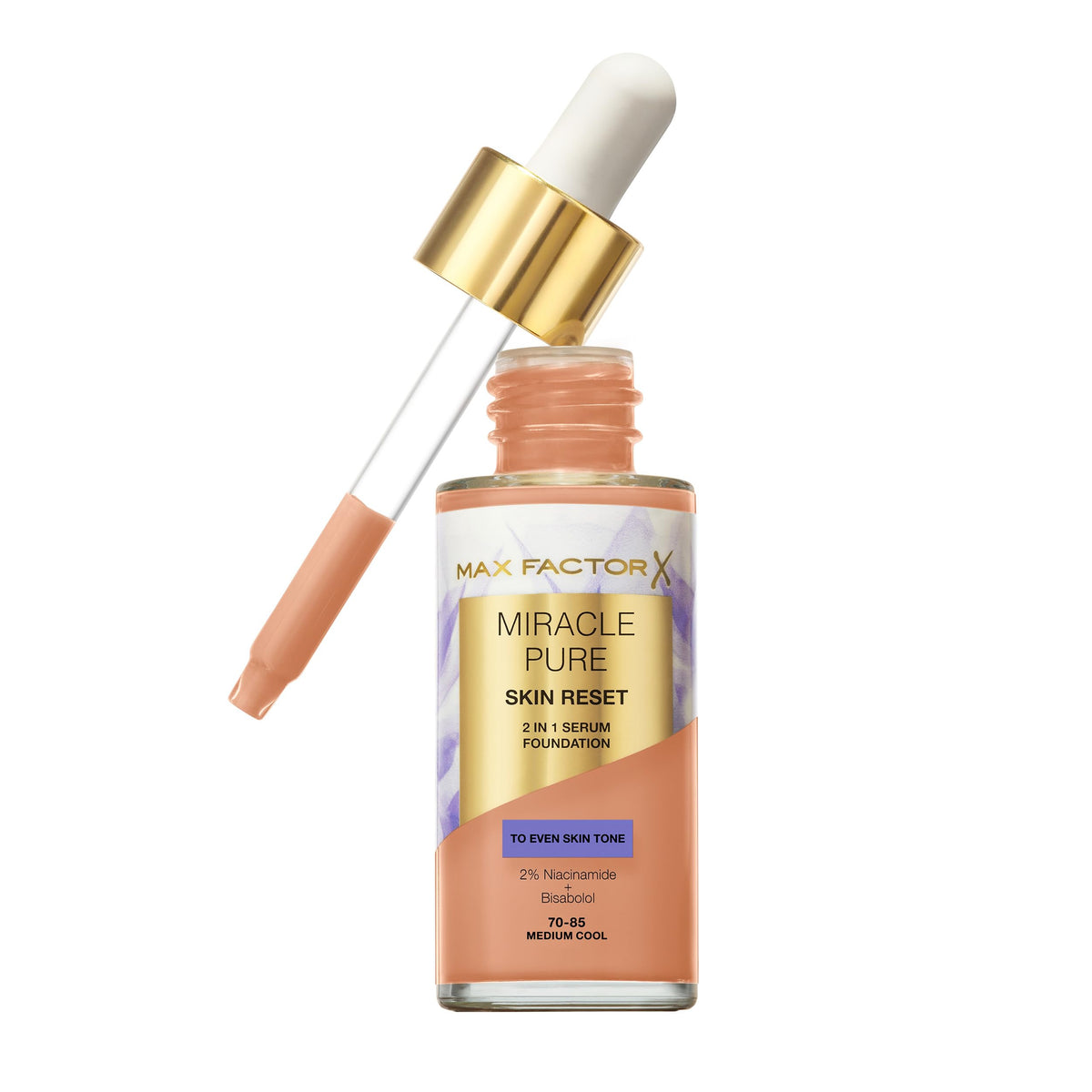 Max Factor Miracle Pure Skin Reset Serum Foundation, 70-85 Medium Cool, 2-in-1 Serum Formula, Healthy Looking Skin, Medium Coverage, Satin Matte