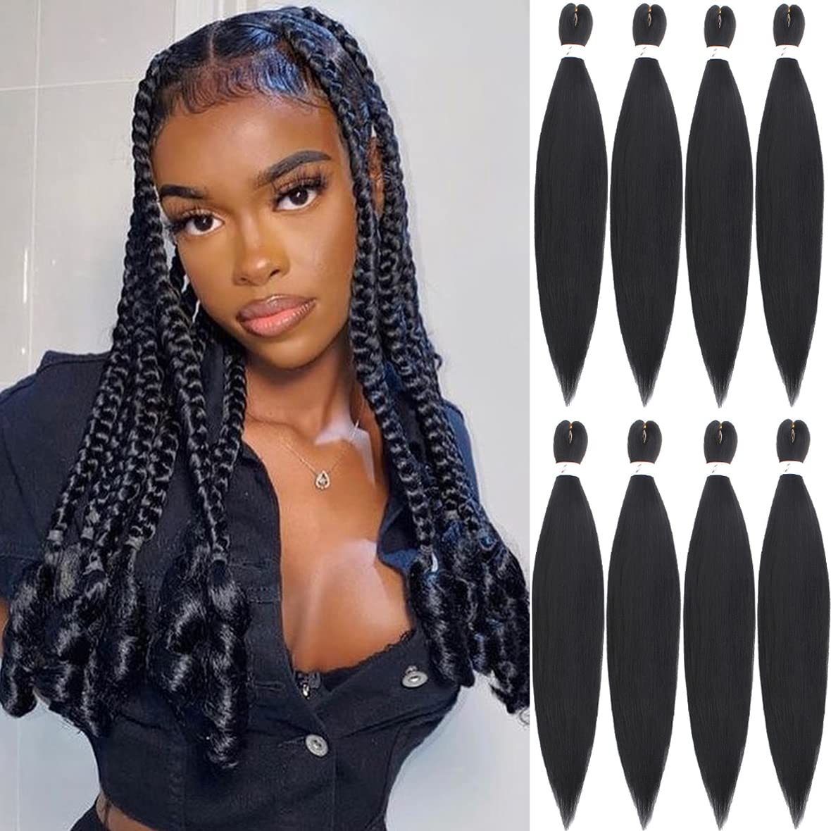 Leeven 8 Packs Black Pre Stretched Braiding Hair Synthetic Yaki EZ Braiding Coi Leray Braids Knotless Braiding Hair Extensions Pre Stretched Hot Water