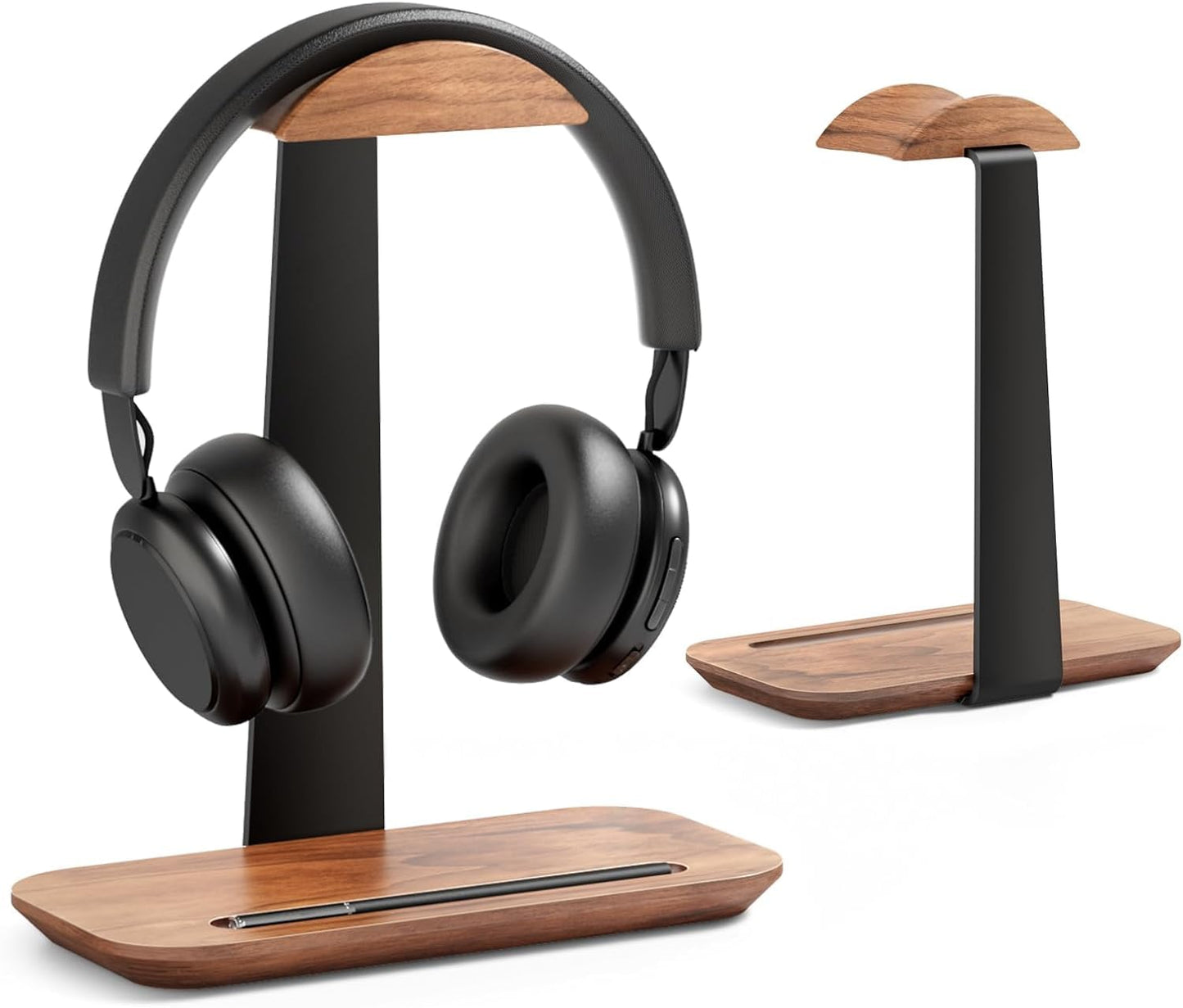 SHUOSUO Walnut Wood Headphone Stand, Natural Wooden Desktop Headset Holder with Storage Base, Compatible with AirPods Max, Beats, Bose, Sony,