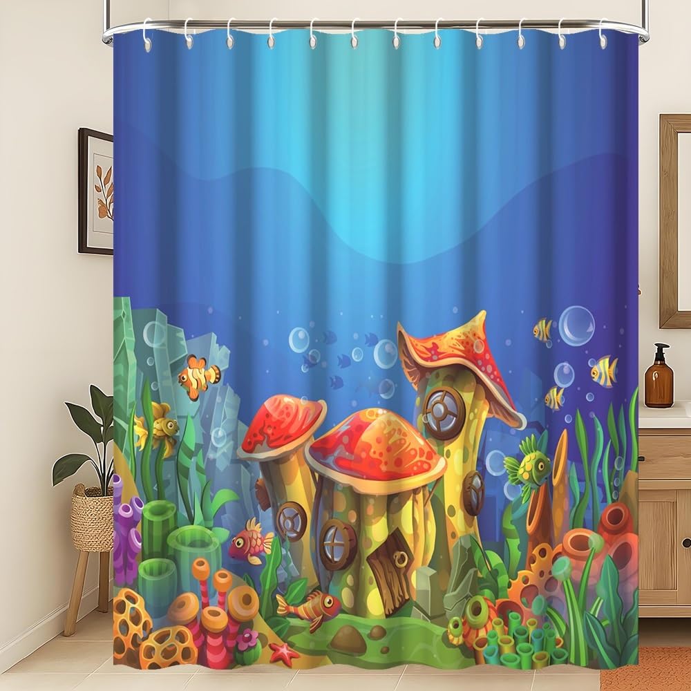 Xiaoterna Summer Fairy Tale Underwater World Shower Curtain Blue Ocean Mushroom House Nautical Waterproof Bathroom Curtain Fishes Floral Coral