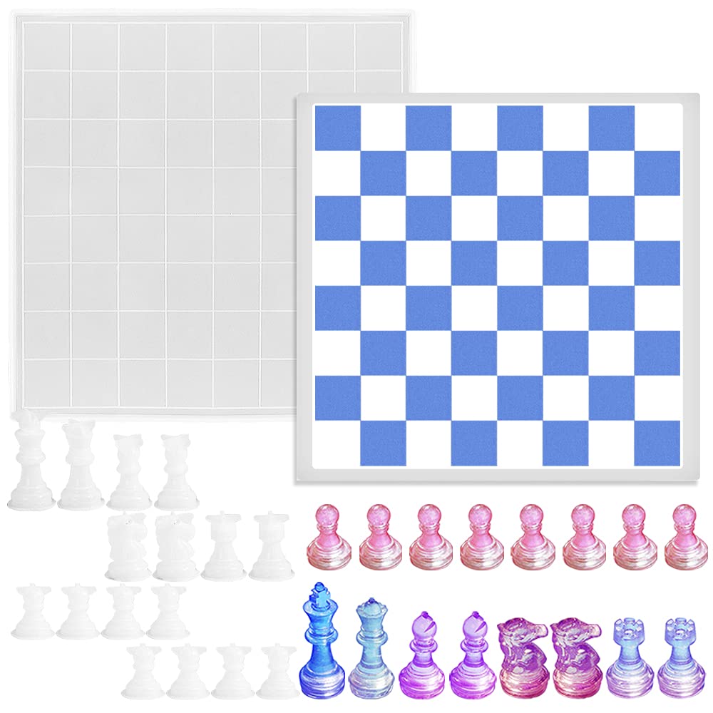 SENHAI Chess Board Resin Mold Set, 1Pc Checker Game Board Silicone Mold & 16Pcs 3D Chess Pieces Resin Casting Molds - for DIY Jewelry Crafts Making,