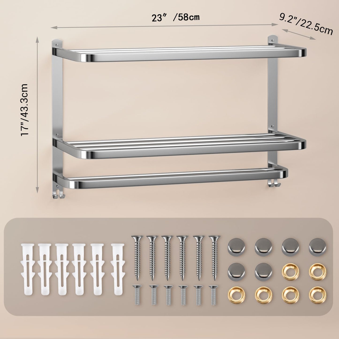 DDS-DUDES 3-Tier Towel Racks for Bathroom with Towel Bars Multilayer Hotel Towel Shelf Stainless Steel Wall-Mounted Brushed Finish Holder with Towel