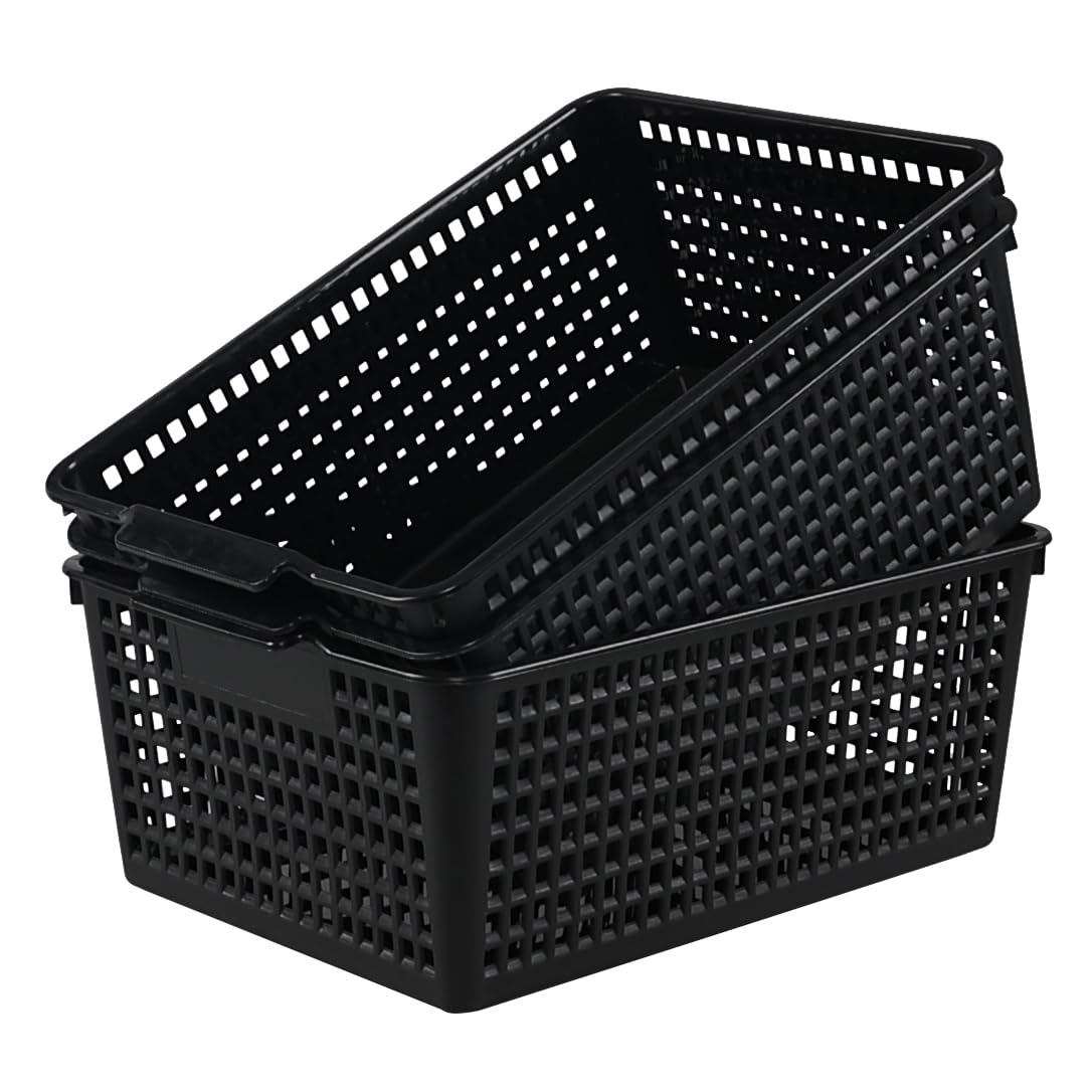 Guankan 3 Pack Large Plastic Storage Baskets, Black Cupboard Storage Basket