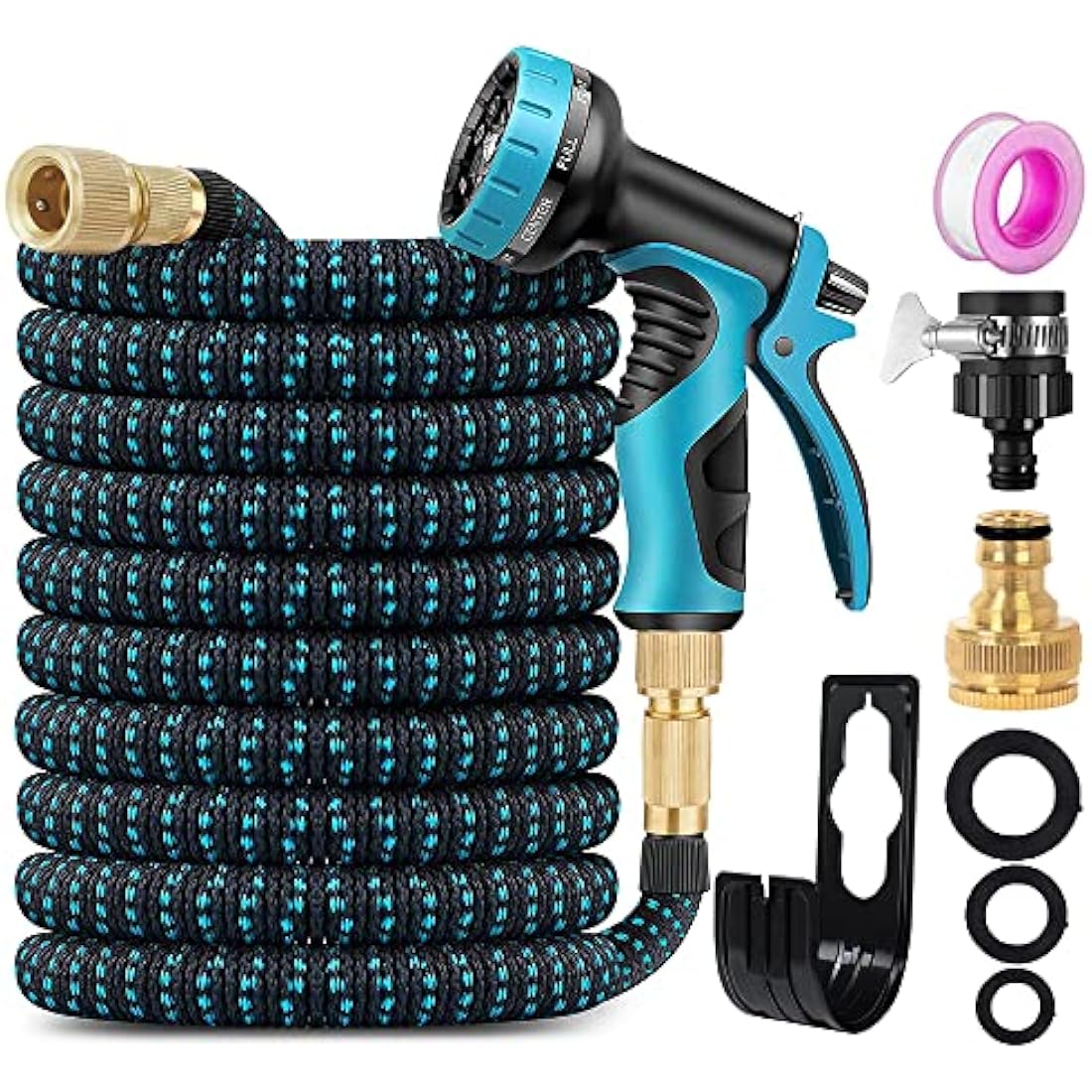 Garden Hose 100FT Garden Retractable Hose with 3/4", 1/2 Fitting and 16mm Universal Adapter Garden Hose with 10 Patterns of Water Spray Guns for Gardens Garden Watering Car Washing Pet Bathing etc.