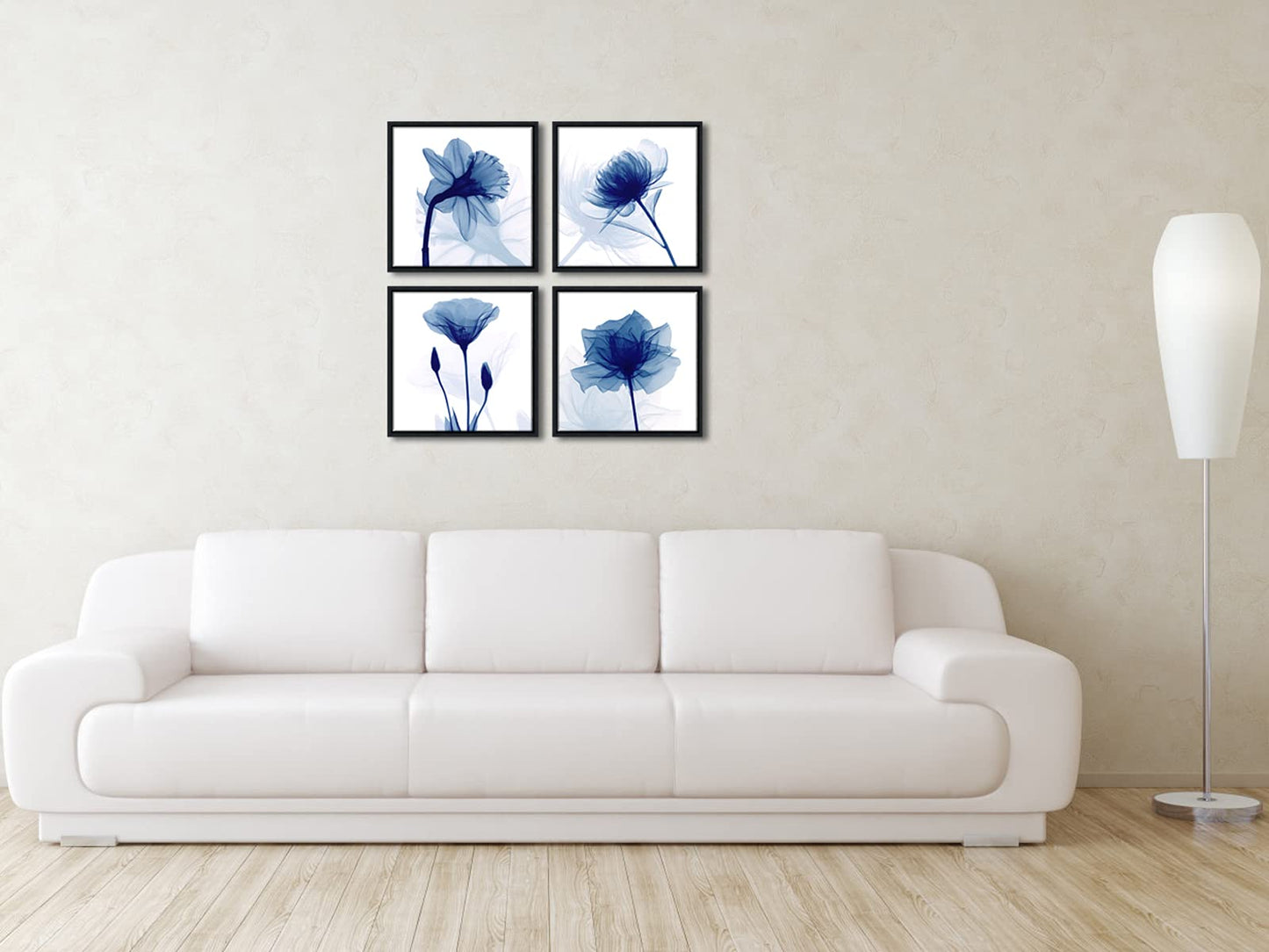 Wieco Art Black Framed 4 Panels Blue Flickering Flower Modern Canvas Wall Art Grace Floral Pictures on Canvas Prints for Bedroom Office Home