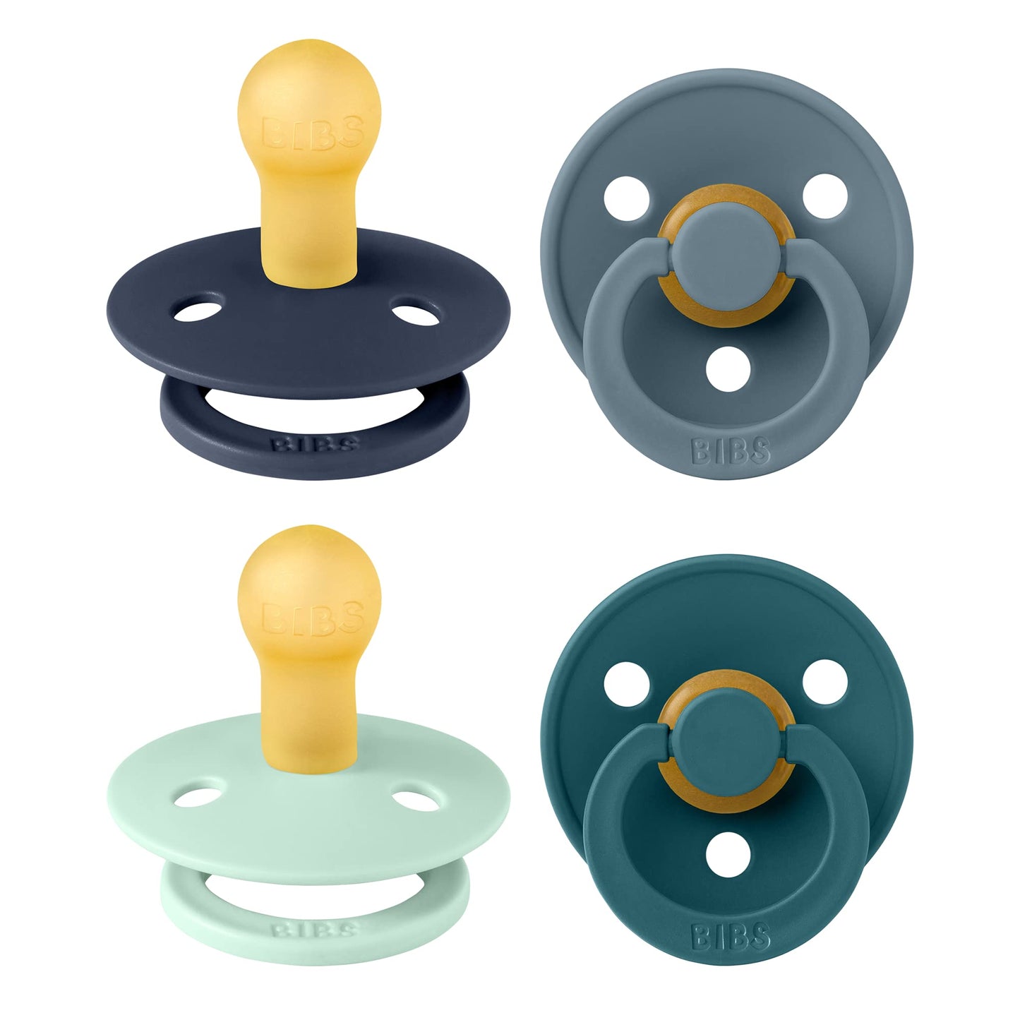 BIBS Dummies Colour 4-Pack, BPA Free Dummy Pacifier, Round Nipple Soothers, Natural Rubber Latex, Made in Denmark. 0-6 Months (Pack of 4), Baby Boy