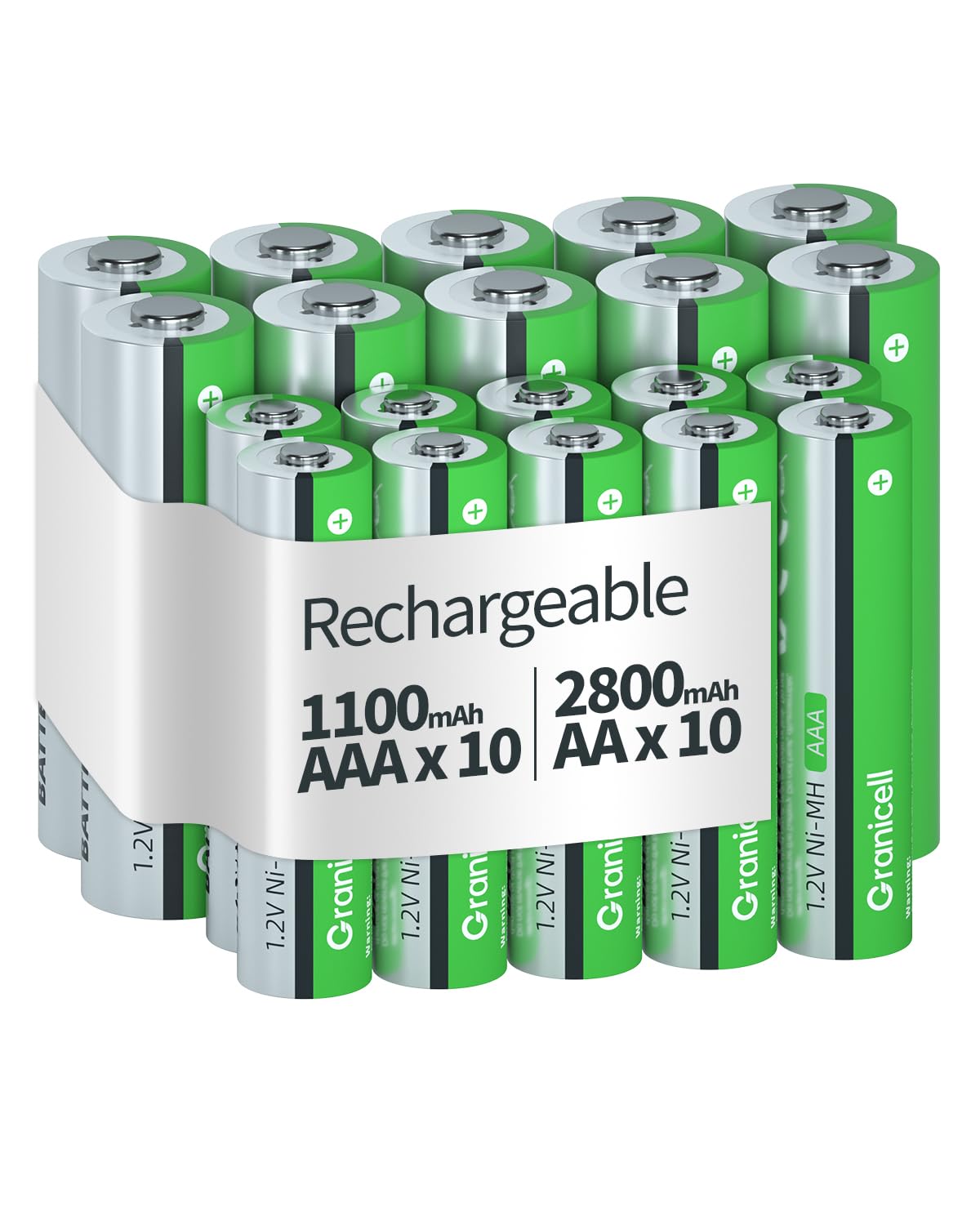 Granicell 20 Pcs AA AAA Rechargeable Batteries, 10 x AA 2800mAh High-Capacity and 10 x AAA 1100mAh High-Capacity, 1.2V Ni-MH Battery, Rechargeable Up