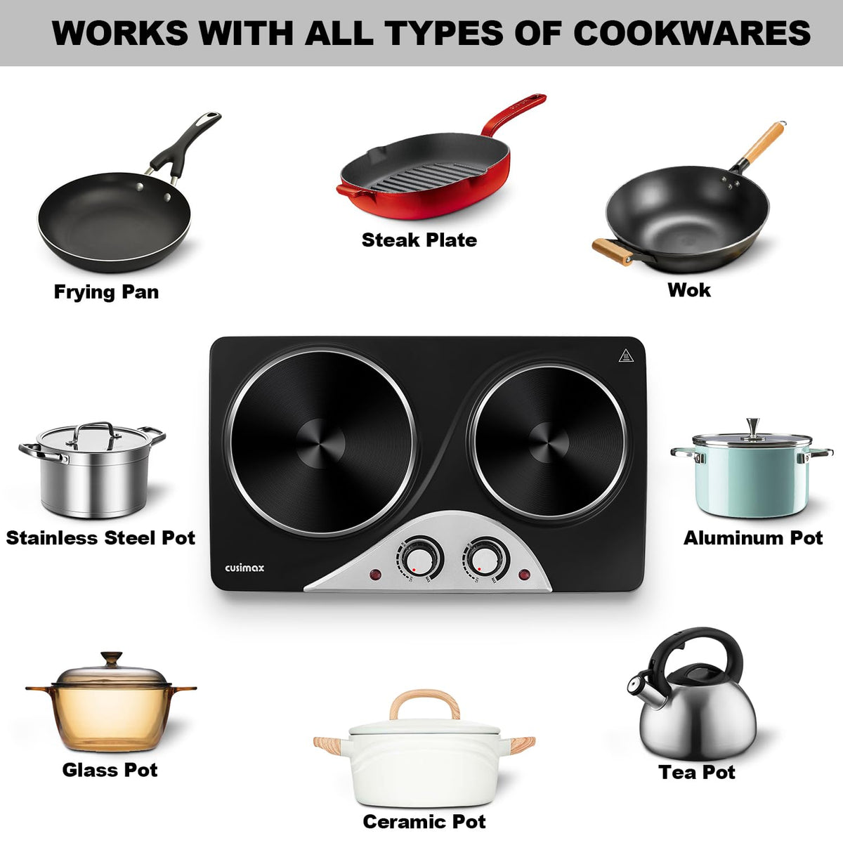 CUSIMAX Electric Hobs, 2500W Electric Hot Plates for Cooking Portable Hob, Cooktop Table Top Hob with 2 Cast Iron Double Hot Plate Electric Burner