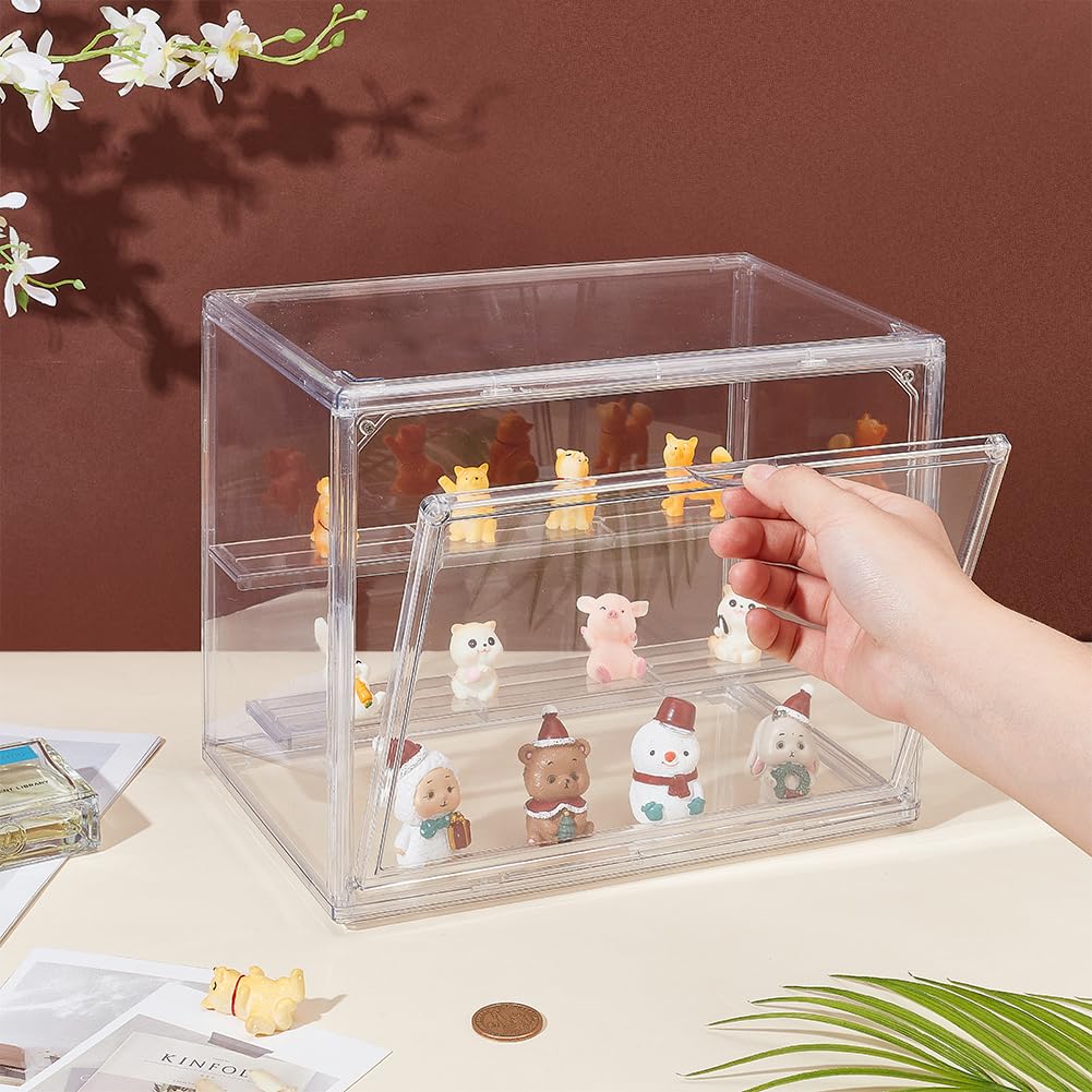 NBEADS 2-Tier Clear Display Case Acrylic Box, Whole Scene Riser Display Stands with Door Plastic Countertop Figure Stand Shelves for Collectible