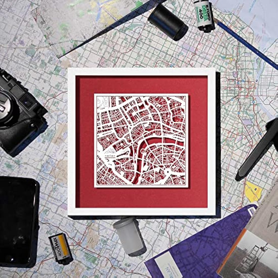 O3 DESIGN STUDIO Birmingham Paper Cut Map framed, White map, White frame, 23x23 cm, Gift Boxed, 4 background color, self-changing, Paper Art