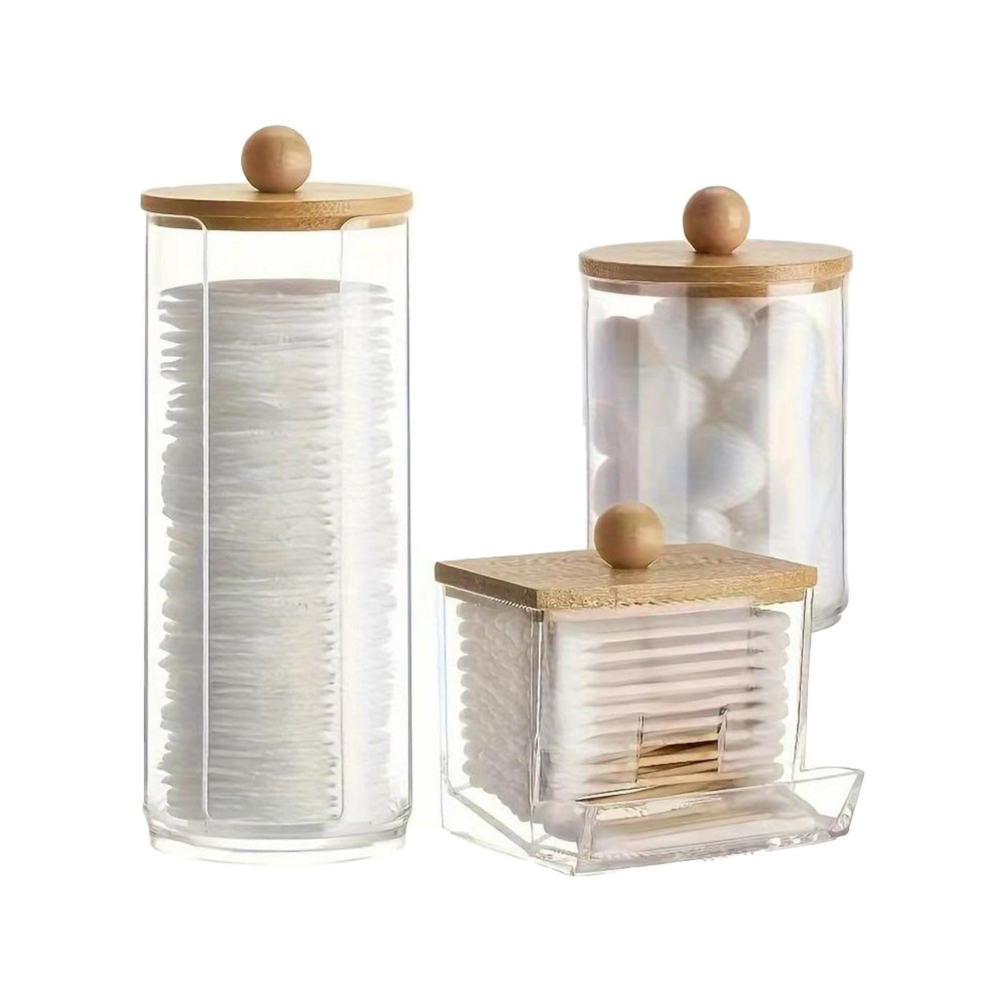 3Pcs Cotton Pad Holder,Cotton Wool Bud/Swab/Ball Holder,with Bamboo Lid,Bathroom Qtip Dispenser Jars Canisters Holders for Vanity Cotton Ball Qtips