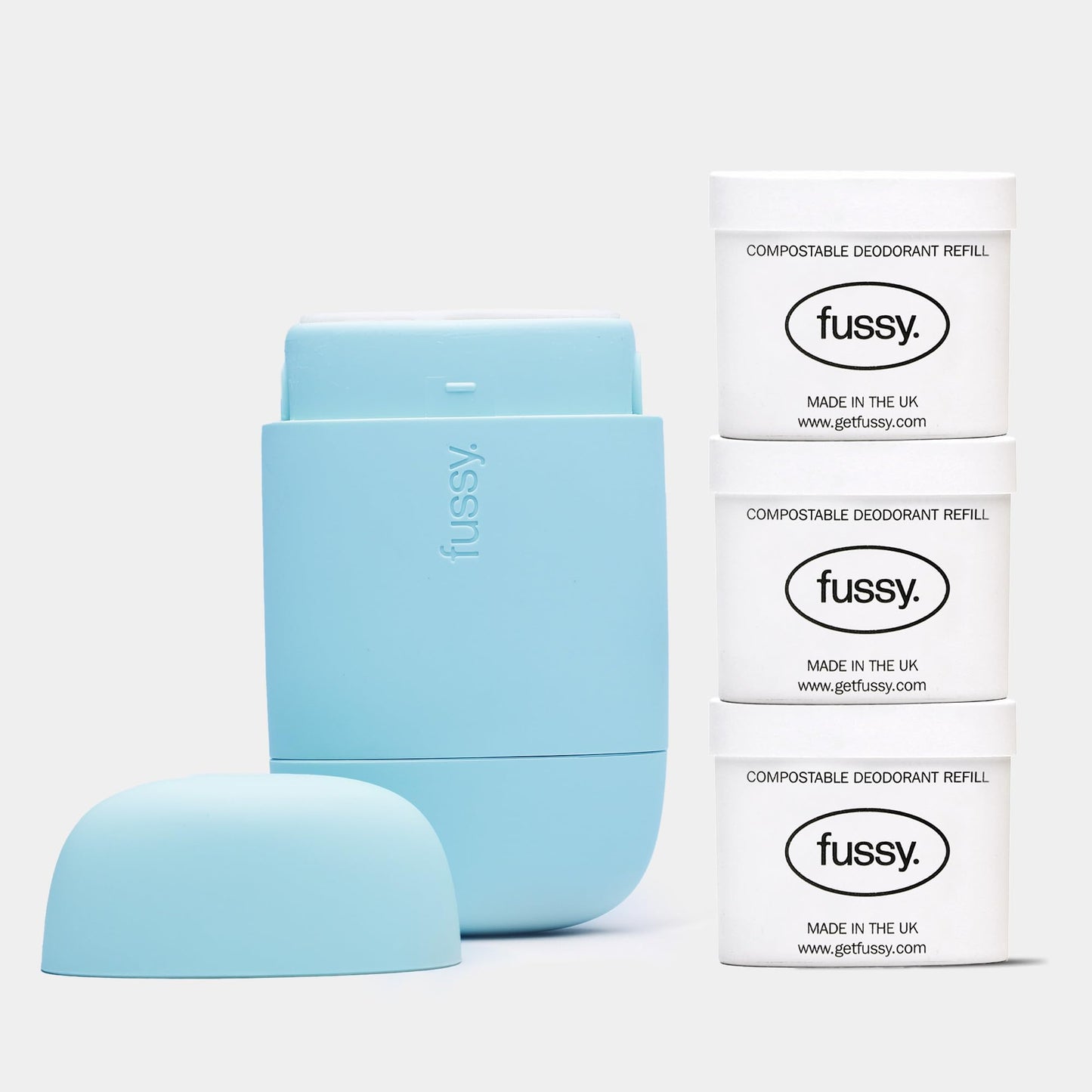 Fussy - Natural Refillable Deodorant - Aluminium Free - 24 Hour Protection - Mint Scent (3 x 40g) & Ocean Blue Case - Peppermint, Eucalyptus & Sage -