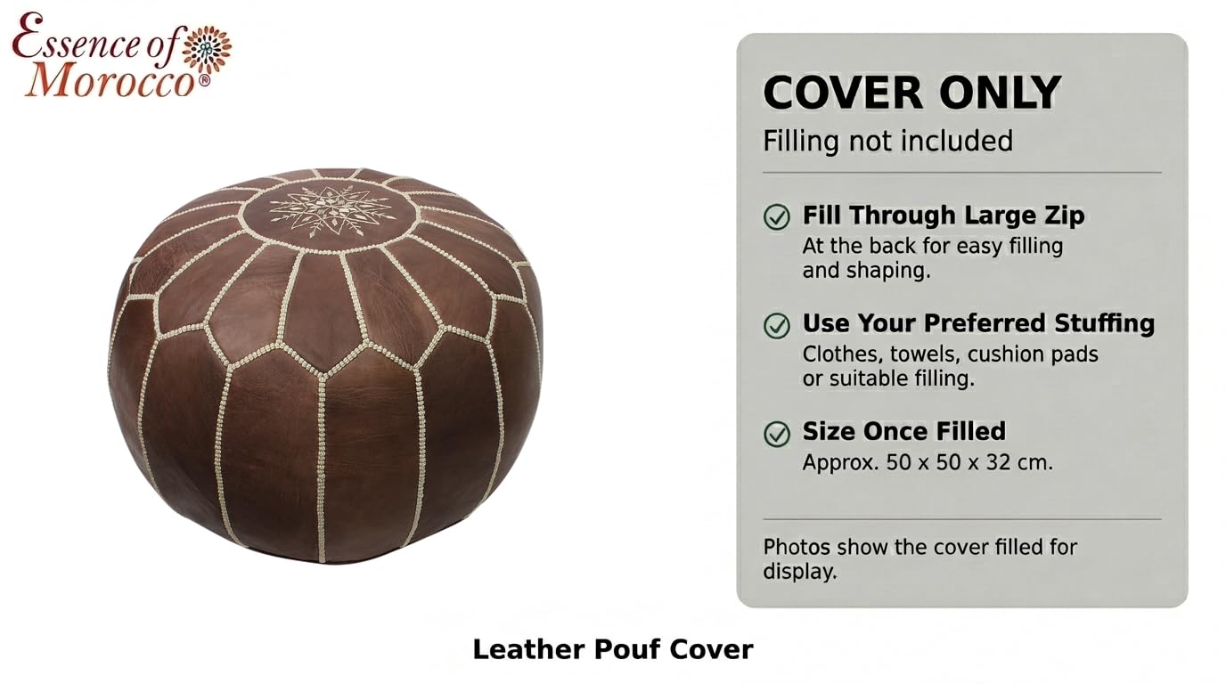 ESSENCE OF MOROCCO Moroccan Pouffe Pouf Footrest Footstool Ottoman Real Leather Brown Tan Handmade Hand-stitched with Embroidered Design (COVER ONLY)