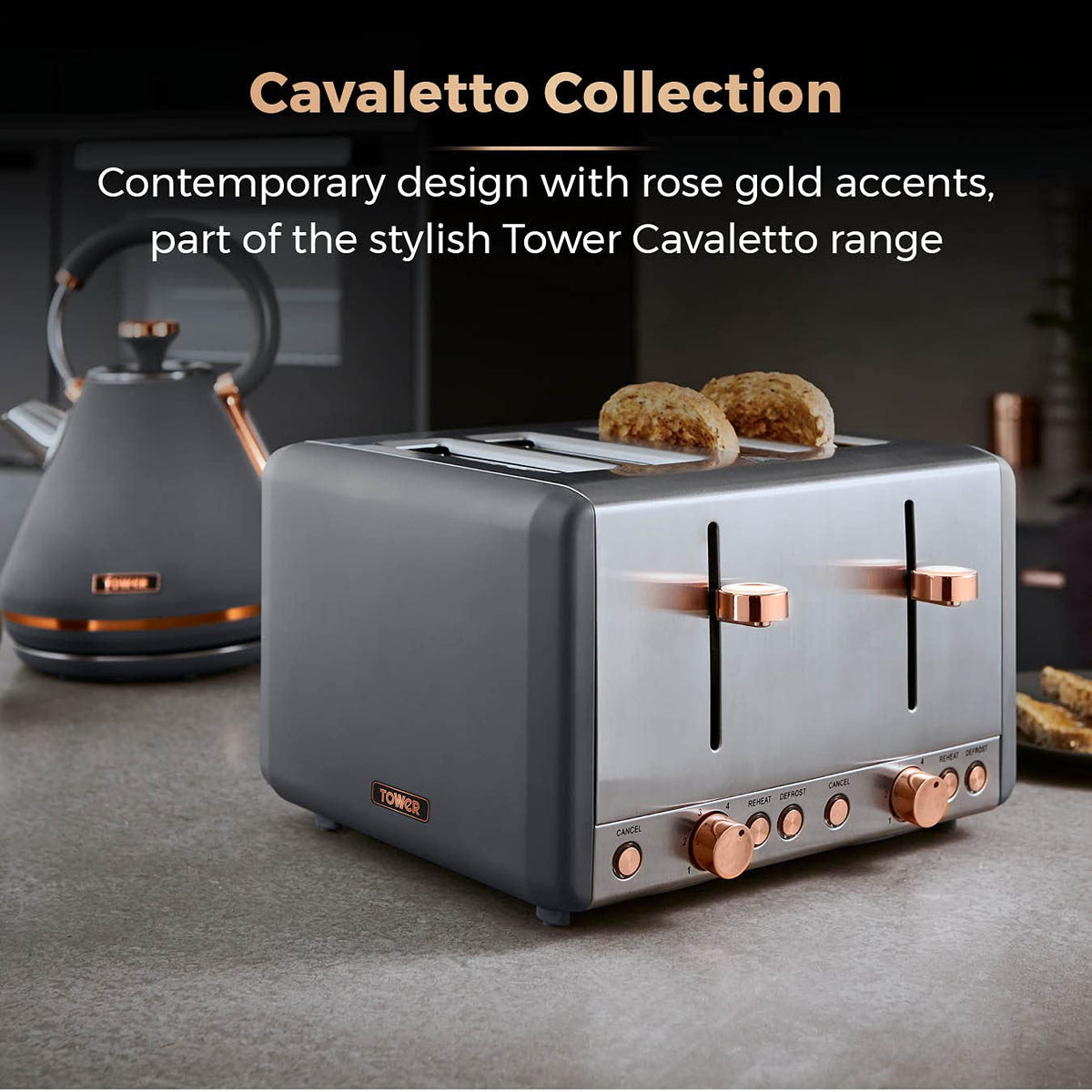 Tower T20051RGG Cavaletto 4-Slice Toaster with Defrost/Reheat, Stainless Steel, 1800W, Grey and Rose Gold