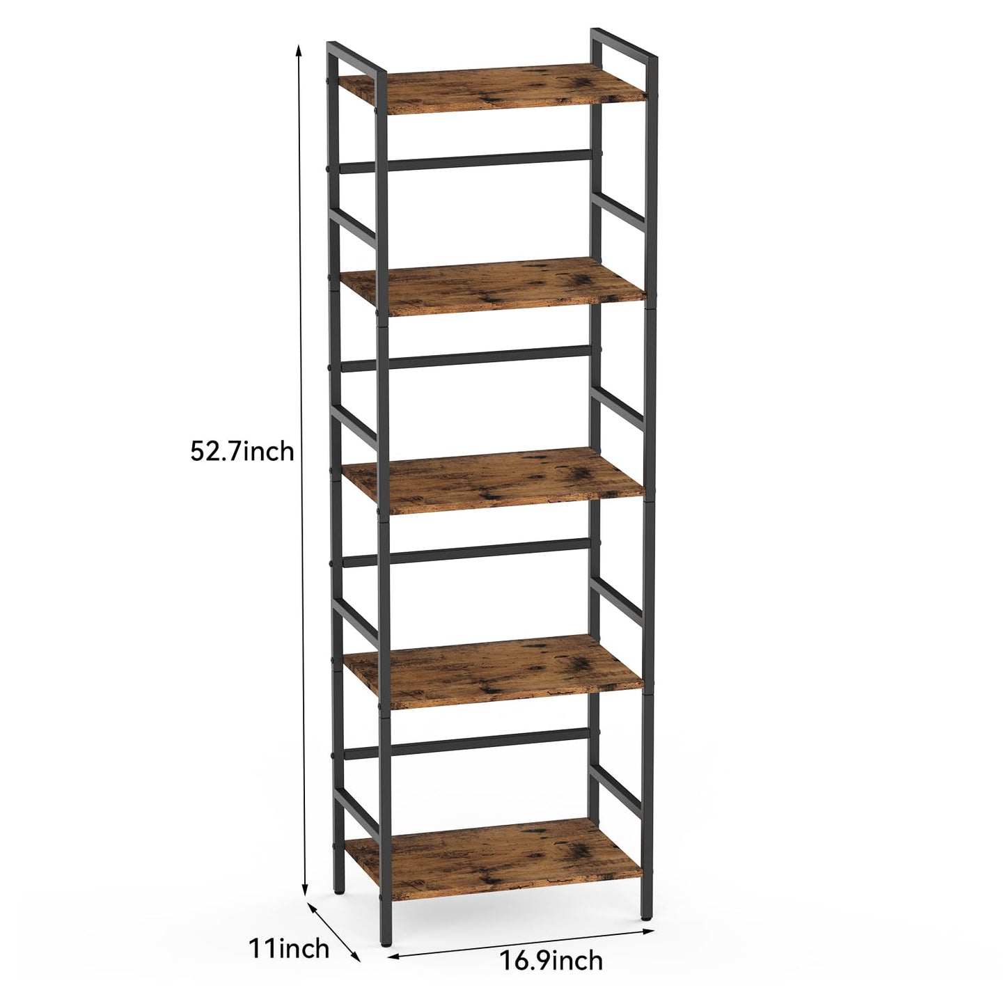 CADUKE 5 Tier Bookshelf, Rustic Brown and Black Storage Rack