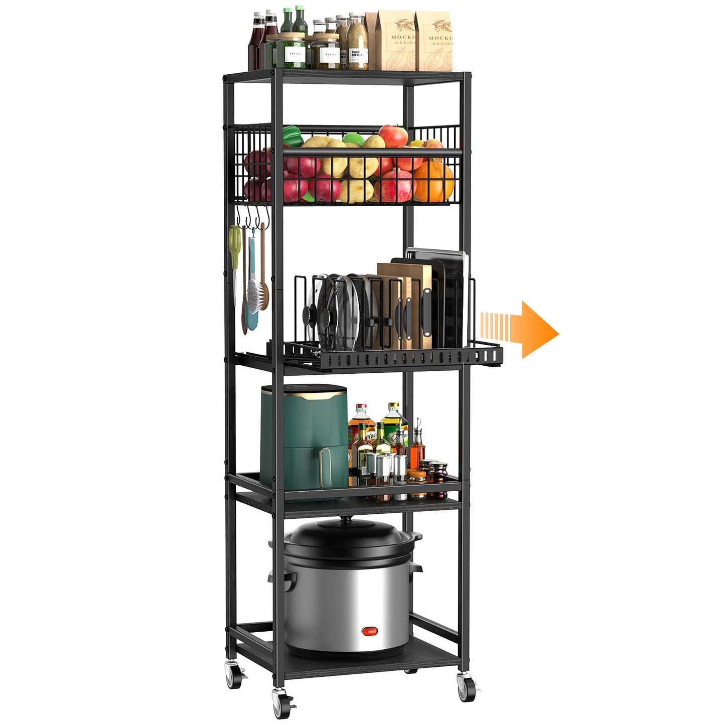 Housolution 5 Tier Kitchen Storage Cart with Fruit Basket Pot Lid Organizer
