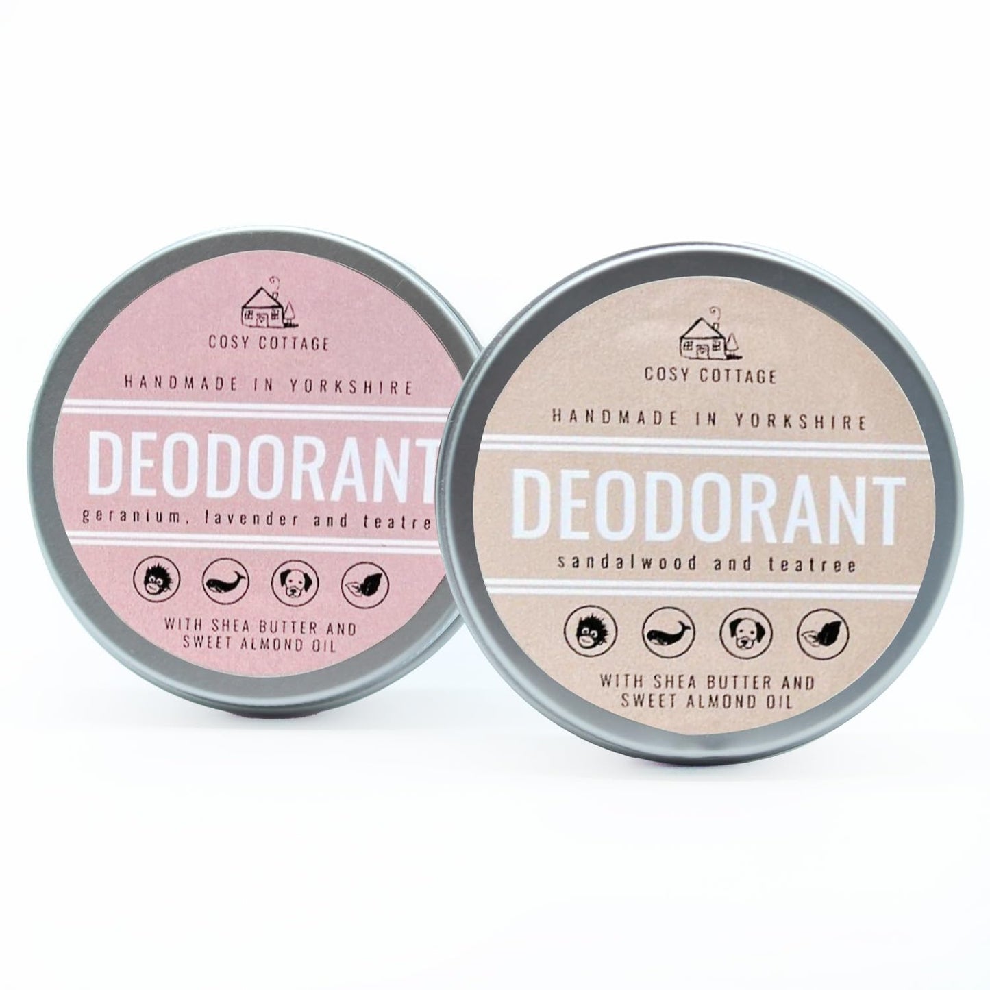 Cosy Cottage Natural Deodorant - Bundle Pack of 2 x 50ml | 1x Sandalwood and Tea Tree and 1x Geranium and Lavender Essential Oils | Long-Lasting,