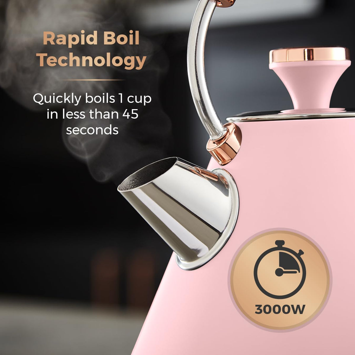 Tower T10044PNK Cavaletto Pyramid Kettle with Fast Boil, Detachable Filter, 1.7 Litre, 3000 W, Marshmallow Pink and Rose Gold