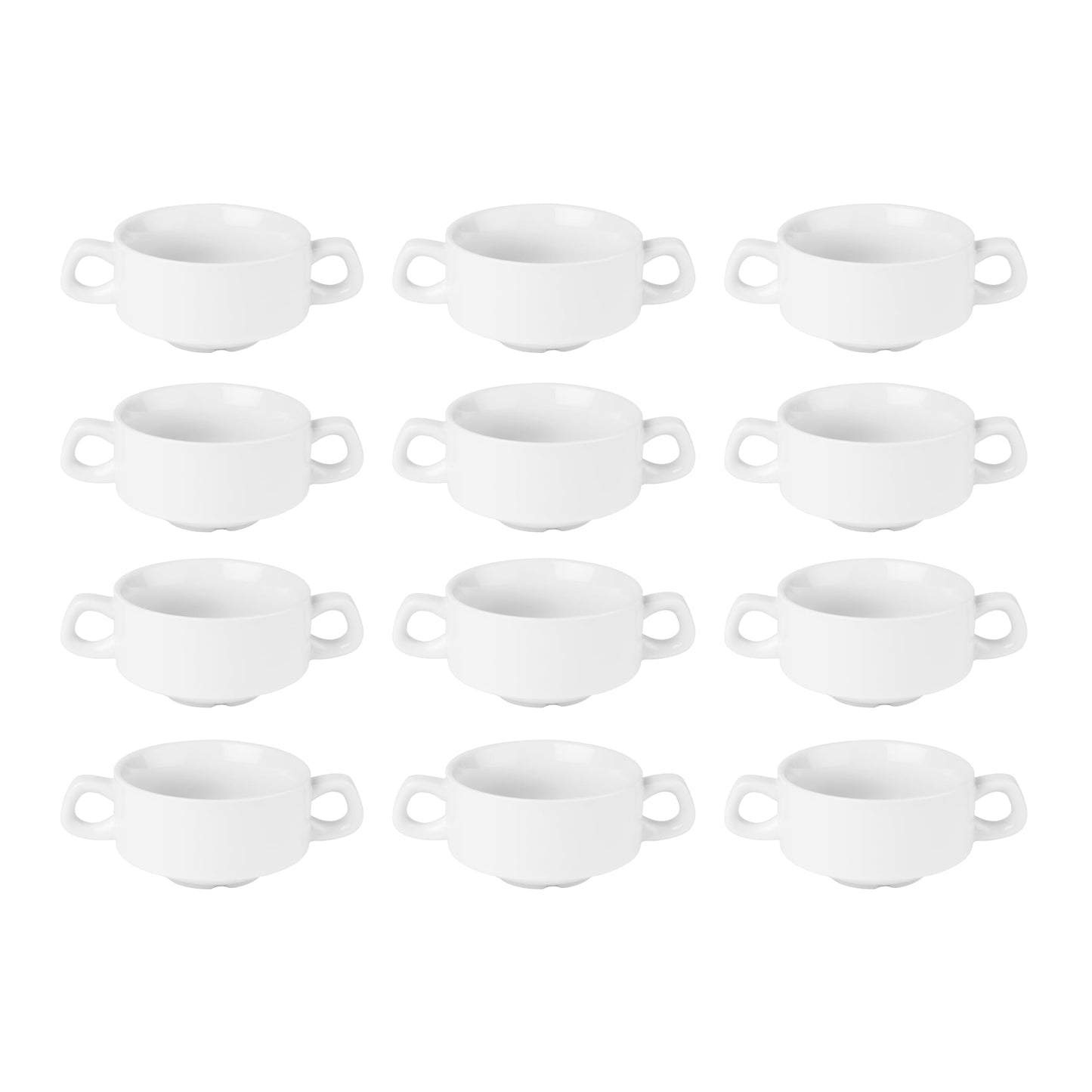 Olympia Athena Hotelware Stacking White Handled Soup Bowls 290ml / 10 1/4 ounce, Pack of 12, Diameter: 107mm / 4 1/4 inch, Chip Resistant Porcelain,