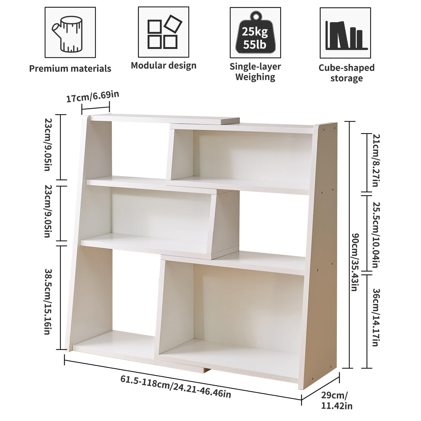 Aibiju Wooden Extendable Shelf Bookcase, Bookshelf, Storage Shelf with 6 Compartments, 3-Tier Ladder Low Short Bookshelf for Small Space or Corner