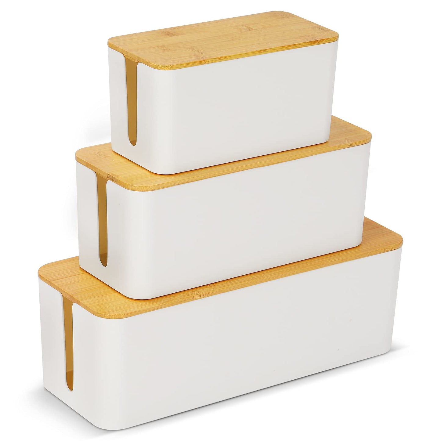 Cable Tidy Box, 3 Larger Cables Organised Box, Cable Storage Box with Bamboo Lid for Hiding Messy Cables Wire Management 16"x 6.2"x 5.4" and 12.6"x