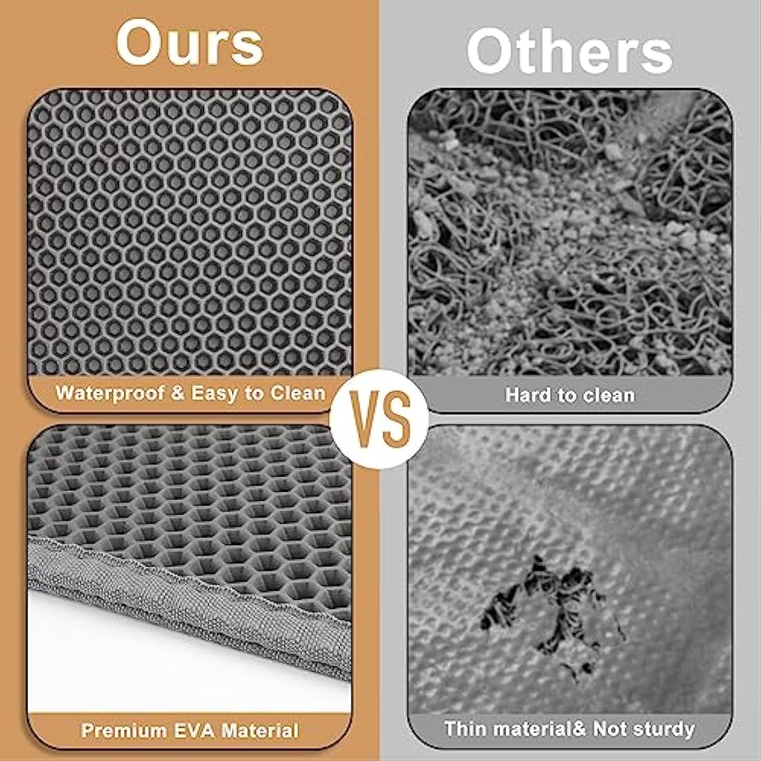 Garoopion Cat Litter Mat, 90 X 76 cm EVA Litter Trapping Mat, Double Layer Honeycomb Holes Design, Grey, 1 Side Connected