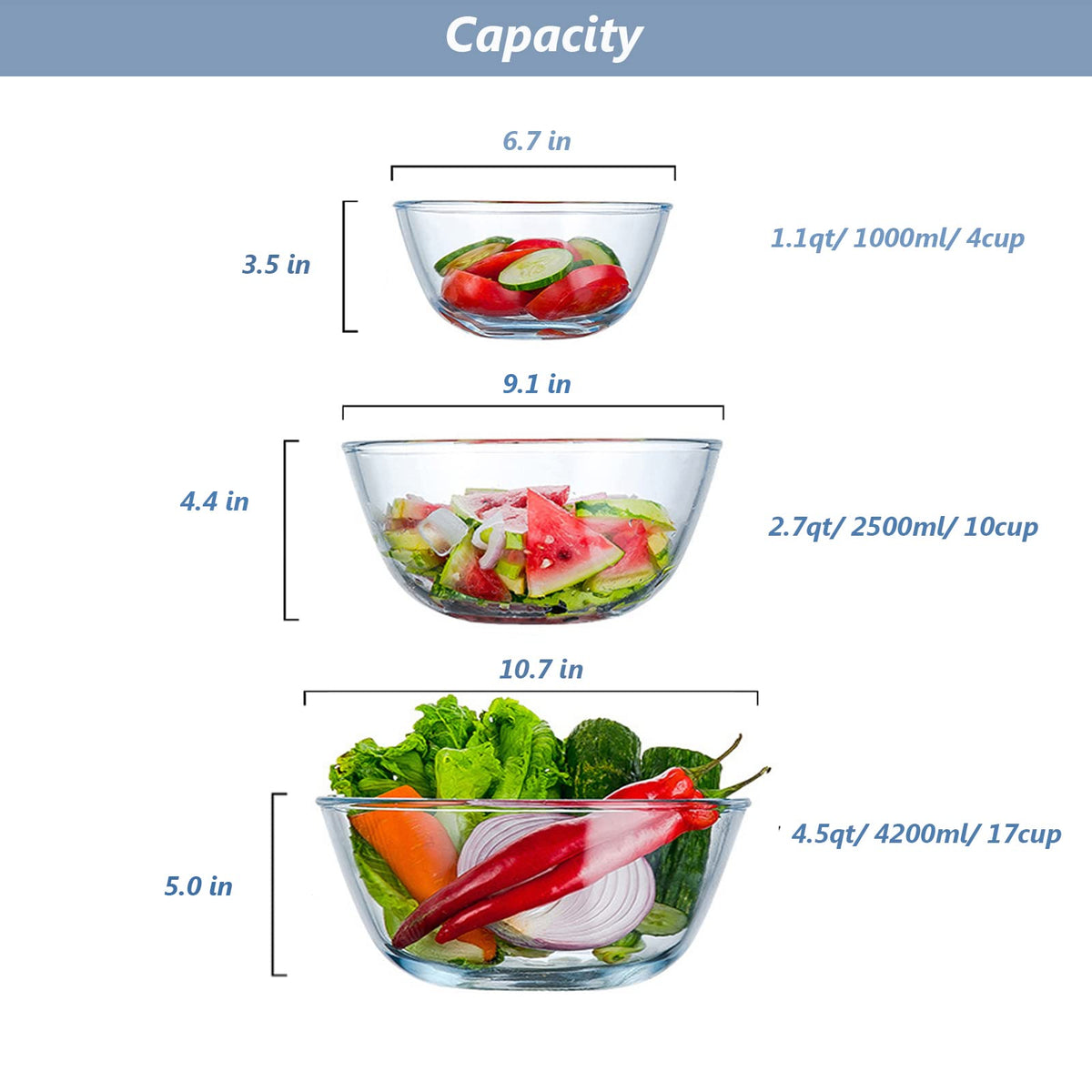 WhiteRhino Glass Mixing Bowls with Lids Set of 3, Large Kitchen Salad Bowls, Space-Saving Nesting Bowls, Round Glass Serving Bowls for