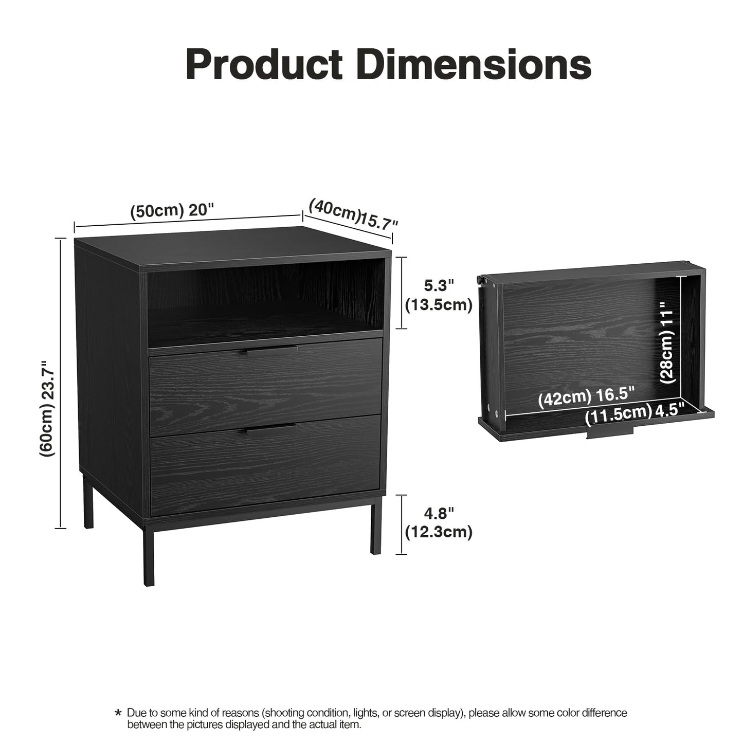 Skokliz Bedside Table with 2 Drawers and Open Shelf - Black Wood Nightstand for Bedroom 50x40x60 cm, Modern Side Table for Living Room & Small Spaces
