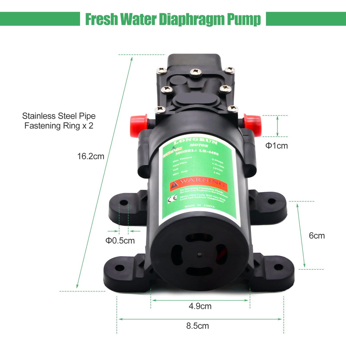 LONGRUN 12V DC Water Pump, Diaphragm Water Pump with Pressure Switch, 4.5L/Min 85 PSI High Pressure Self Priming Caravan Water Pump, Water Pressure