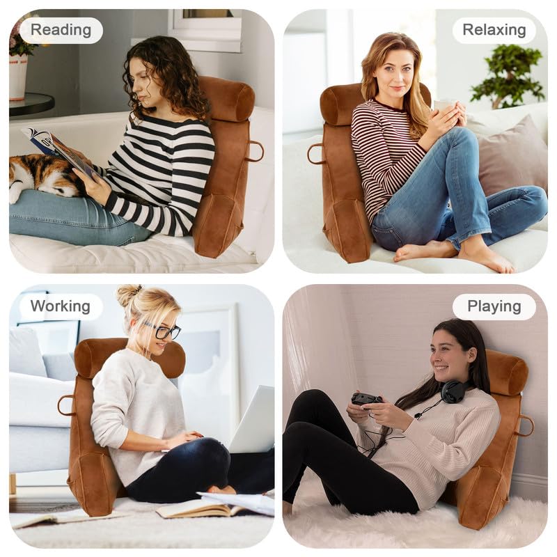Mingfuxin Reading Pillows for Bed Sofa, Bed Backrest Pillows with Neck Arm Back Support Pillow, Adult Back Reading Cushion with Detachable Neck Roll &