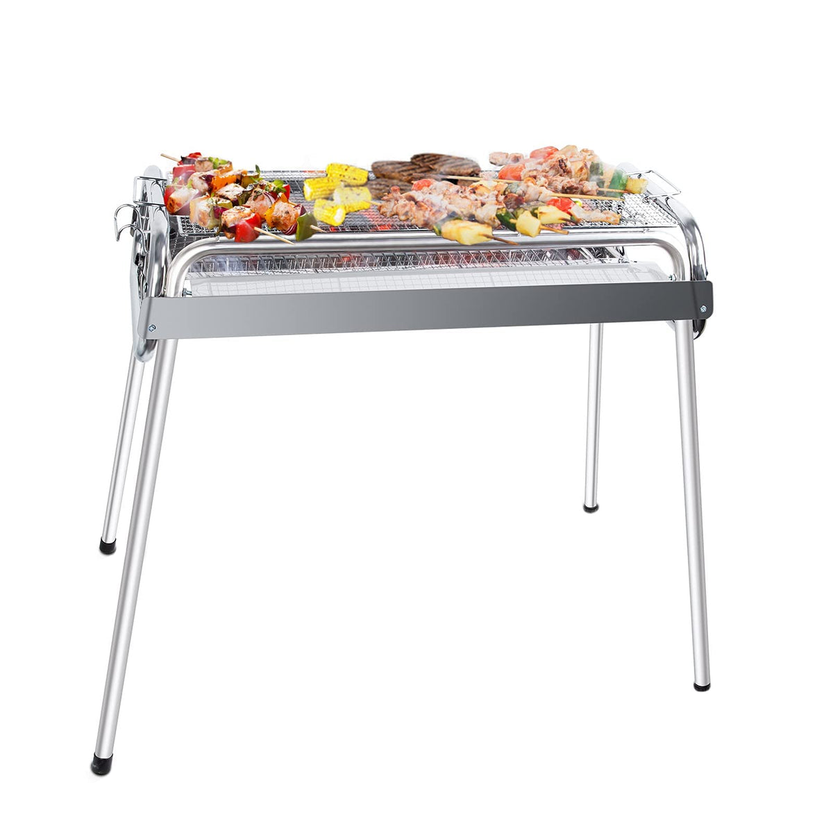 Uten Barbecue Grill, 430 Rustproof Stainless Steel Barbecue Grill, Two Heights Adjustable, Outdoor Charcoal BBQ for 5-10 Persons Family Picnic Garden