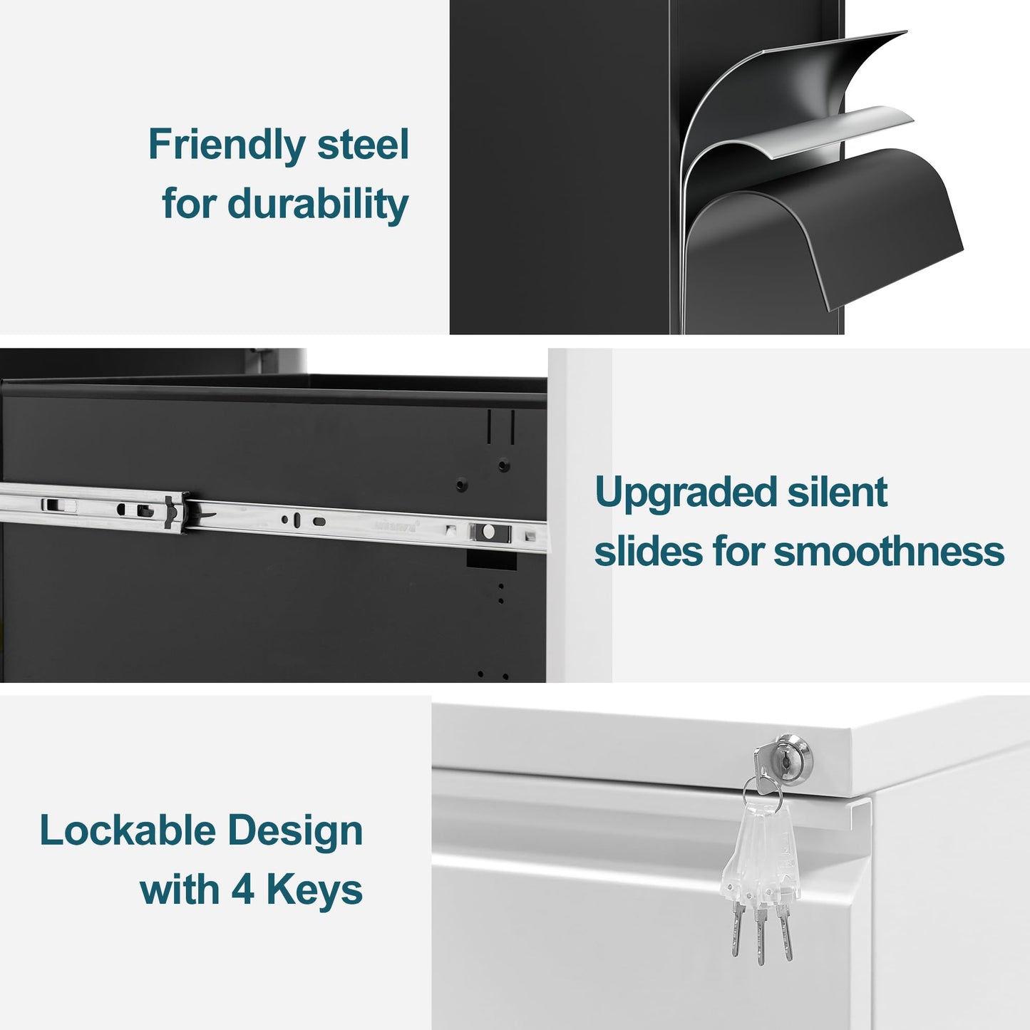 LVSTEEL Mobile Filing Cabinet, Lockable 3 Drawers with Suspension File Hanging Rails, With 4 Keys