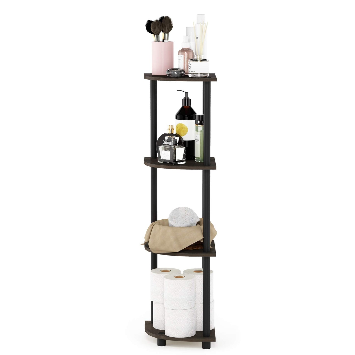 Furinno TURN-N-TUBE Toolless Assembly 4-Tier Corner Shelf, Black Corner Book Shelf, Open Shelves Bookshelf, for Organization and Storage, Living Room